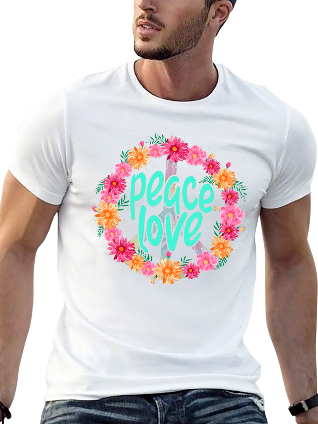 Black Peace Love Floral Wreath Graphic T-Shirt view 13