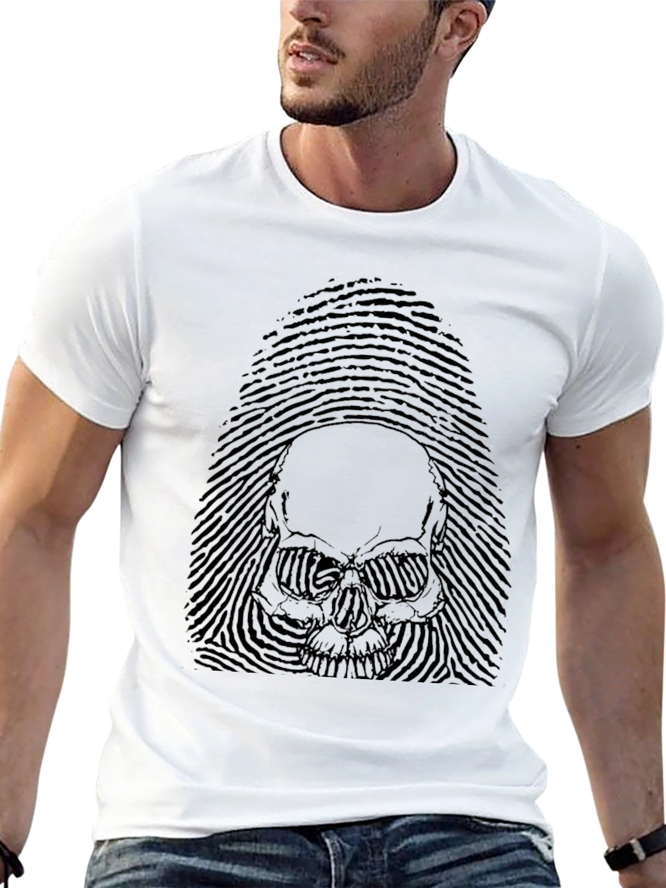 Black Skull Fingerprint Graphic Black T-Shirt view 13