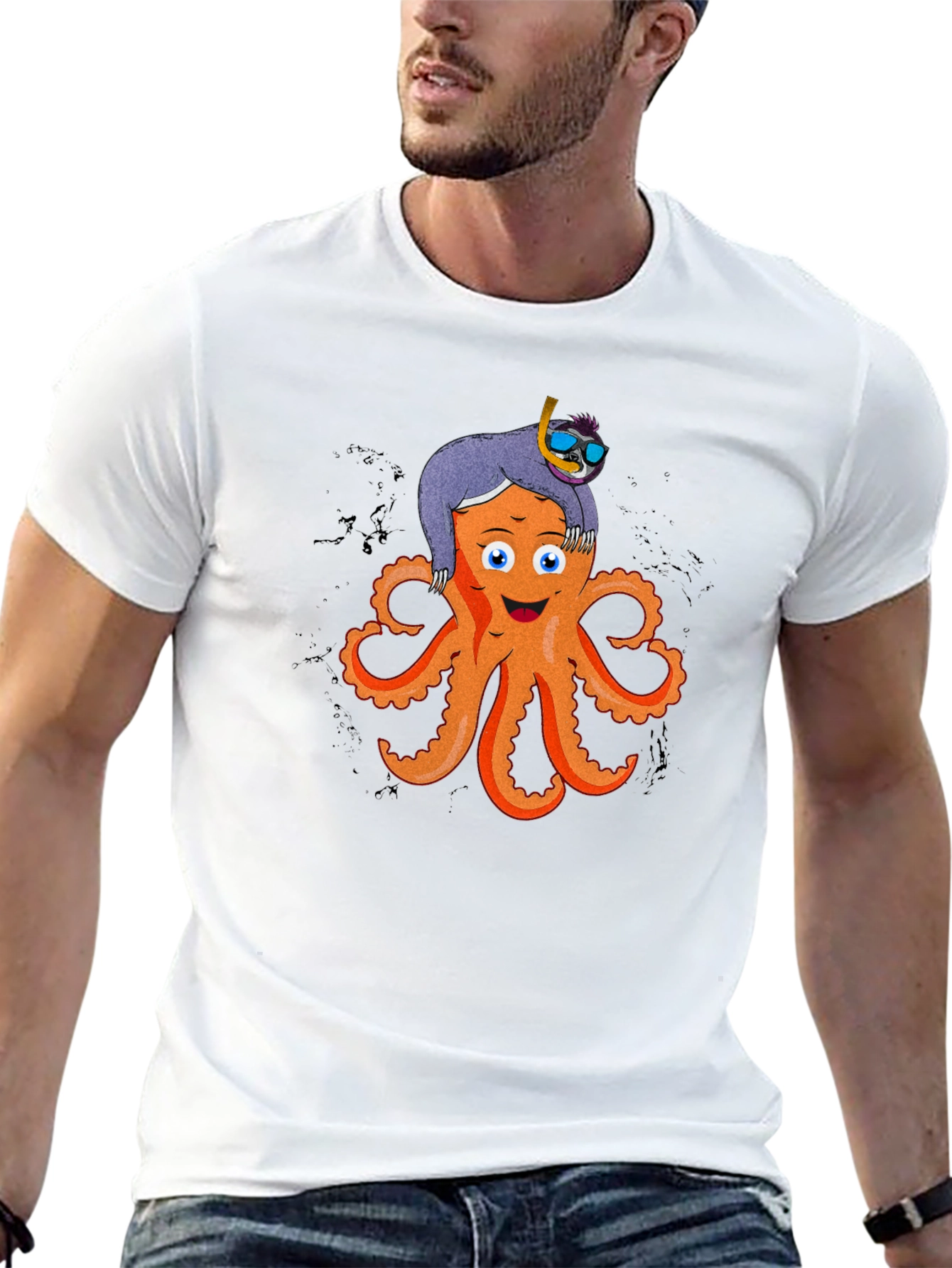 Black Octopus & Sloth Graphic T-Shirt - Unique Design view 13