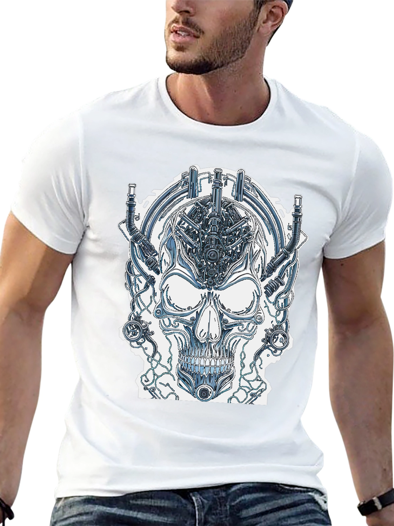 Black Cyberpunk Skull Graphic Tee - Edgy Sci-Fi Design view 13