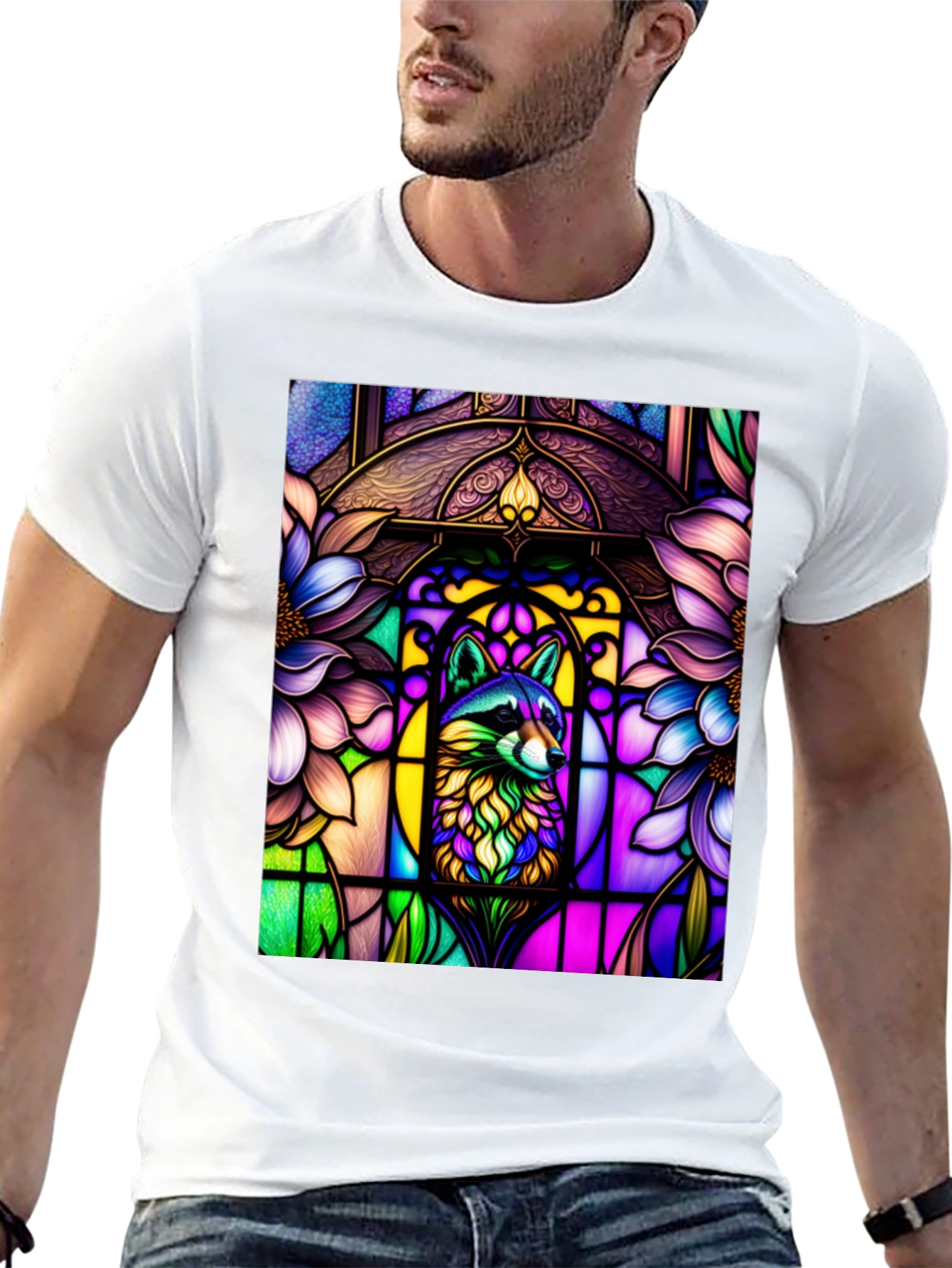 Black Stained Glass Raccoon Black T-Shirt view 13