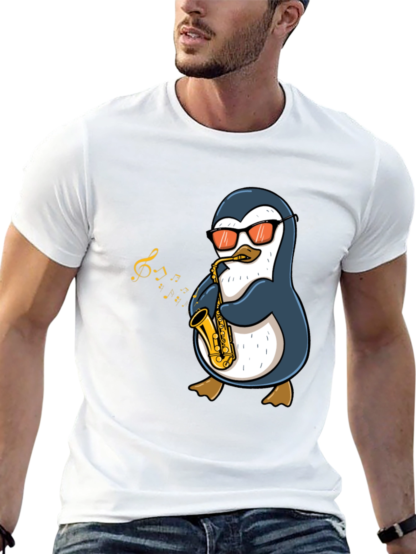 Black Penguin Sax Player Graphic T-Shirt - Cool Music Tee view 13