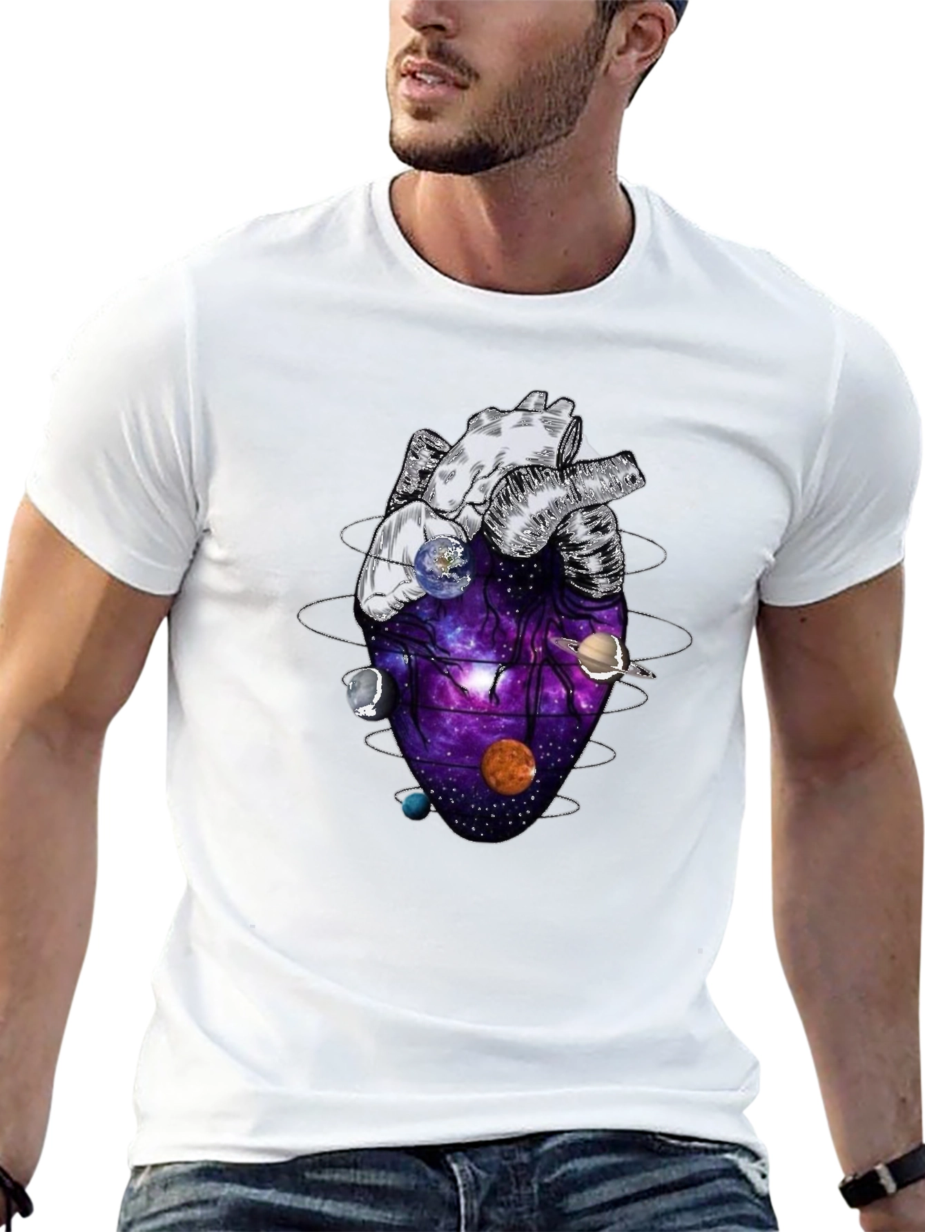Black Anatomical Heart Planets Universe Men's T-Shirt view 13