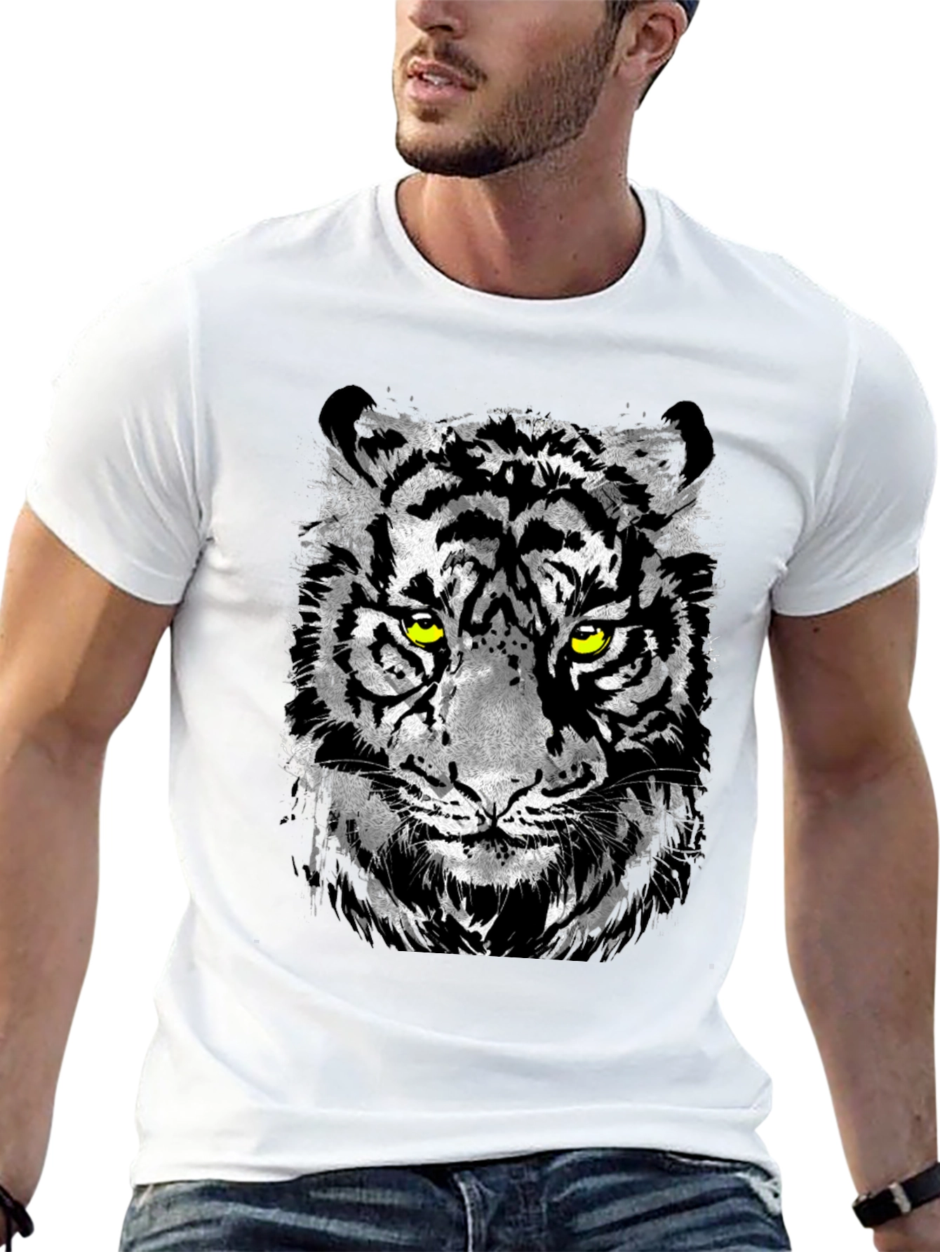 Black Men's Black T-Shirt with Tiger Graphic view 13
