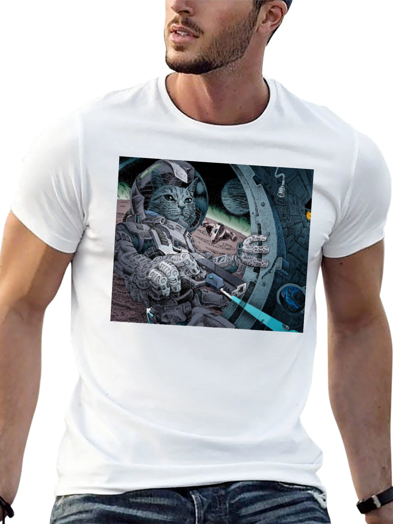 Black Cosmic Cat Astronaut T-Shirt - Cool Graphic Tee view 13