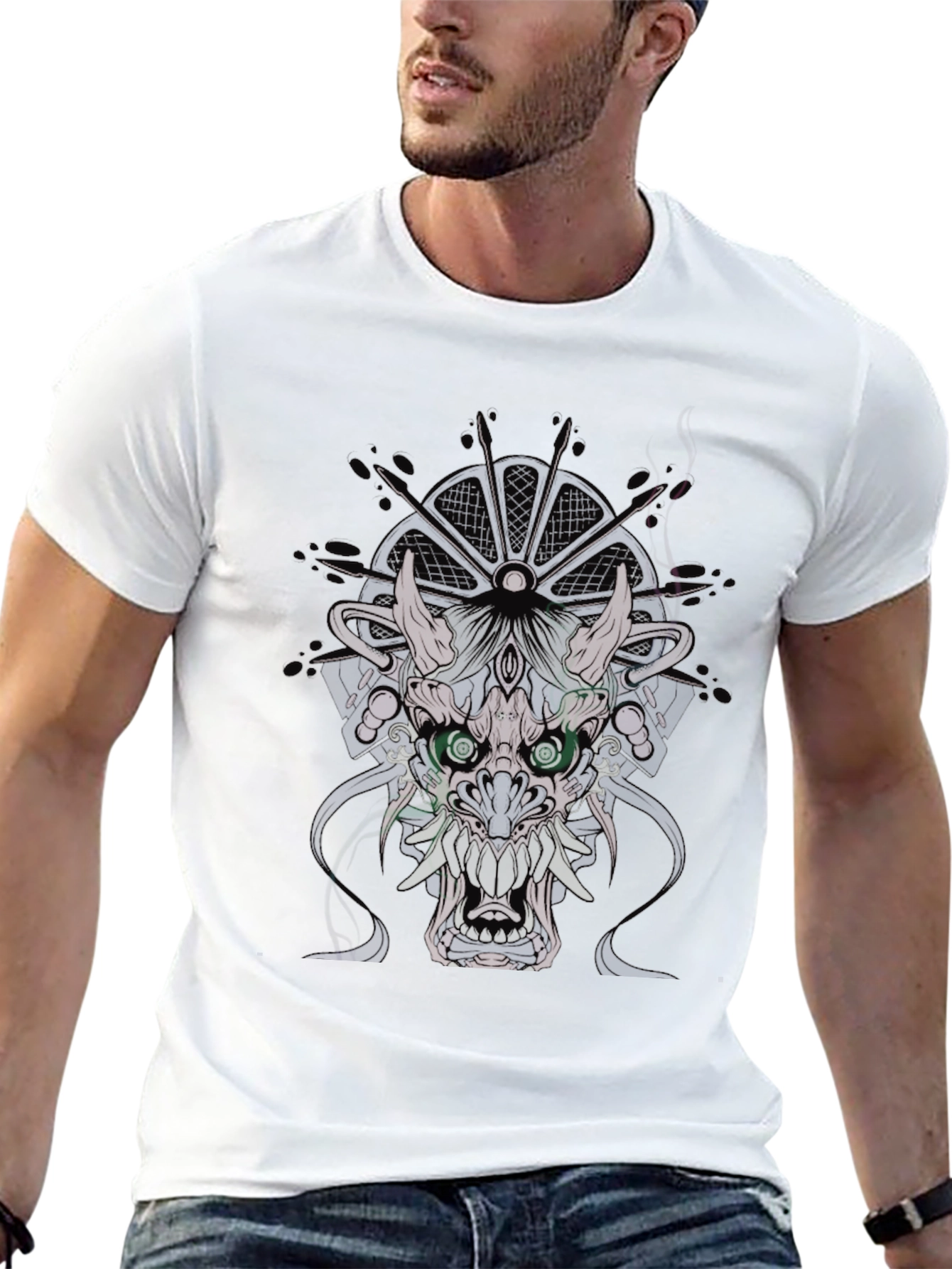 Black Men's Black T-Shirt with Dragon Graphic view 13