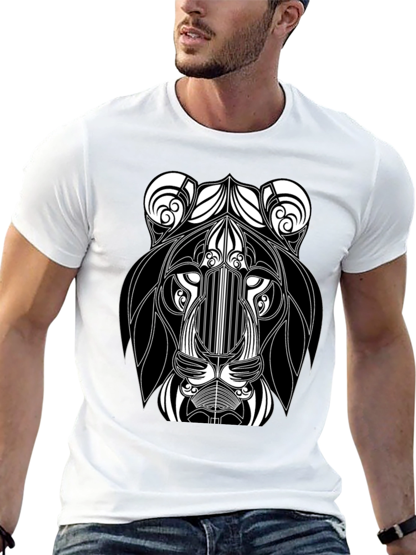 Black Abstract Lion Head Black Graphic T-Shirt view 13