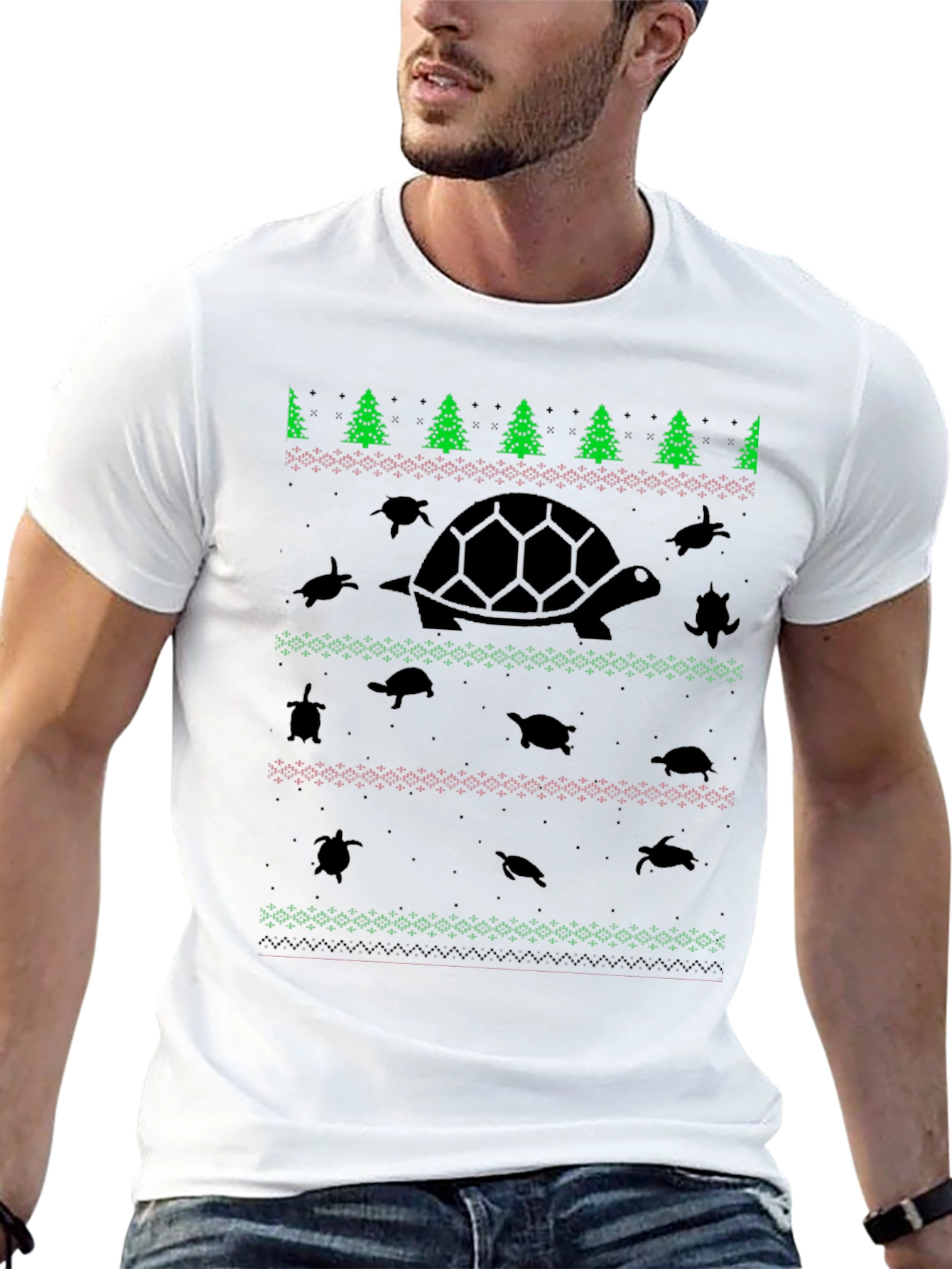 Black Turtle Christmas Pattern Black T-Shirt view 13