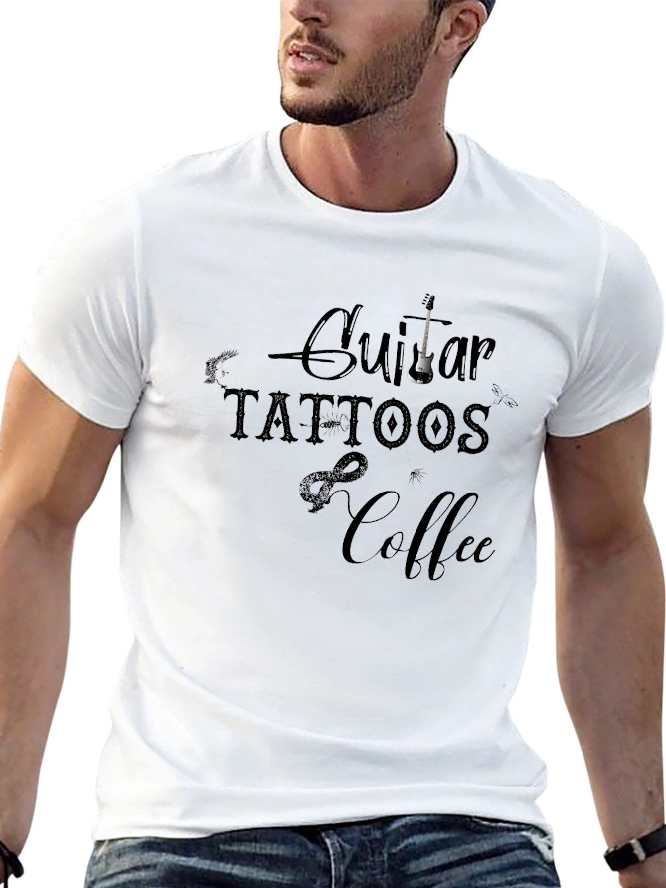 Black Guitar Tattoos Coffee Graphic T-Shirt view 13