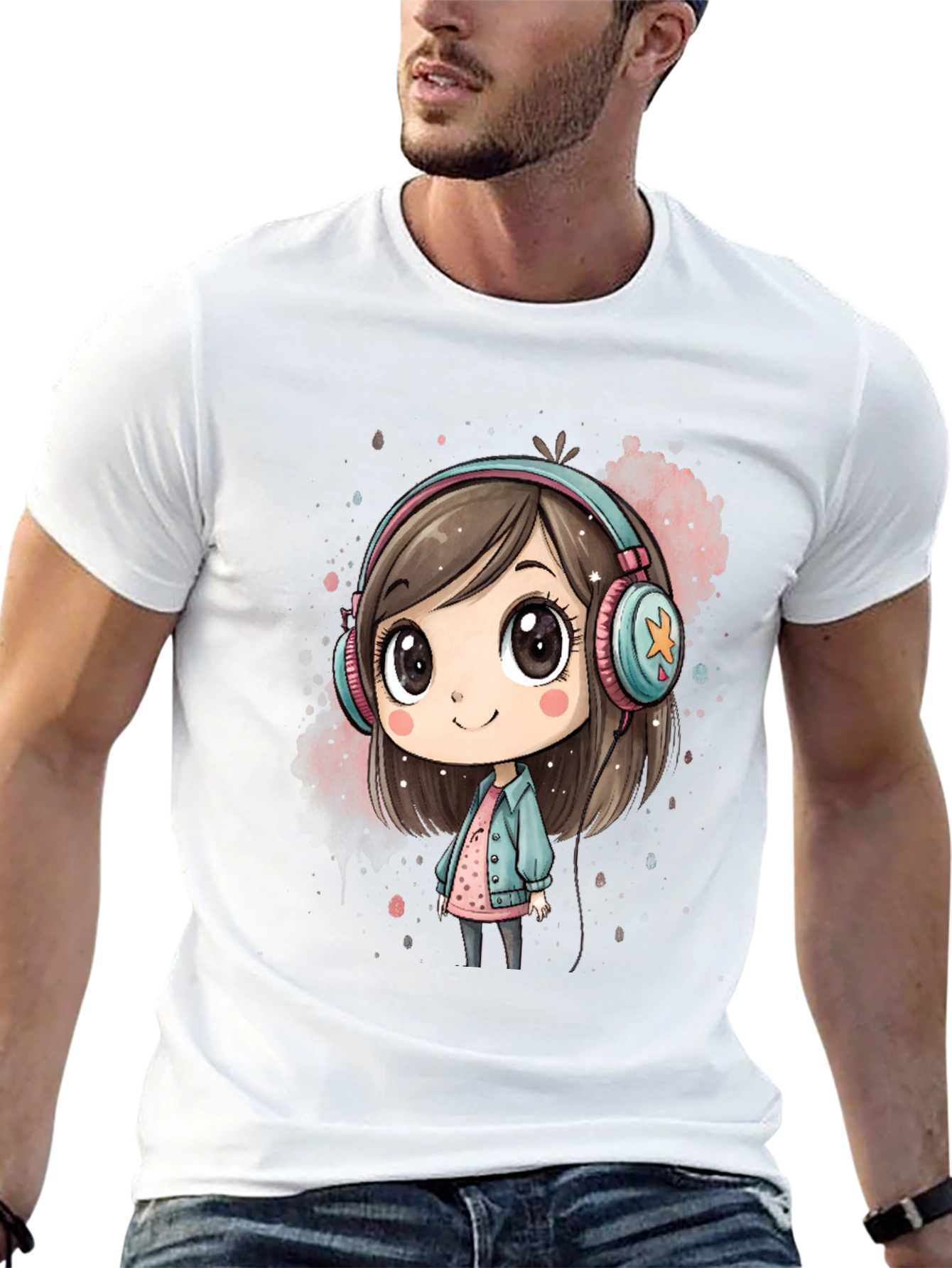Black Cute Cartoon Girl Headphones Black T-Shirt view 13