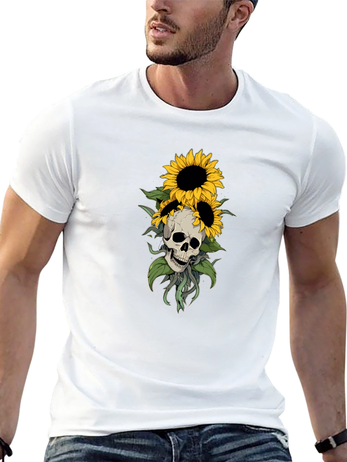 Black Skull & Sunflower Graphic Tee - Stylish Black T-Shirt view 13