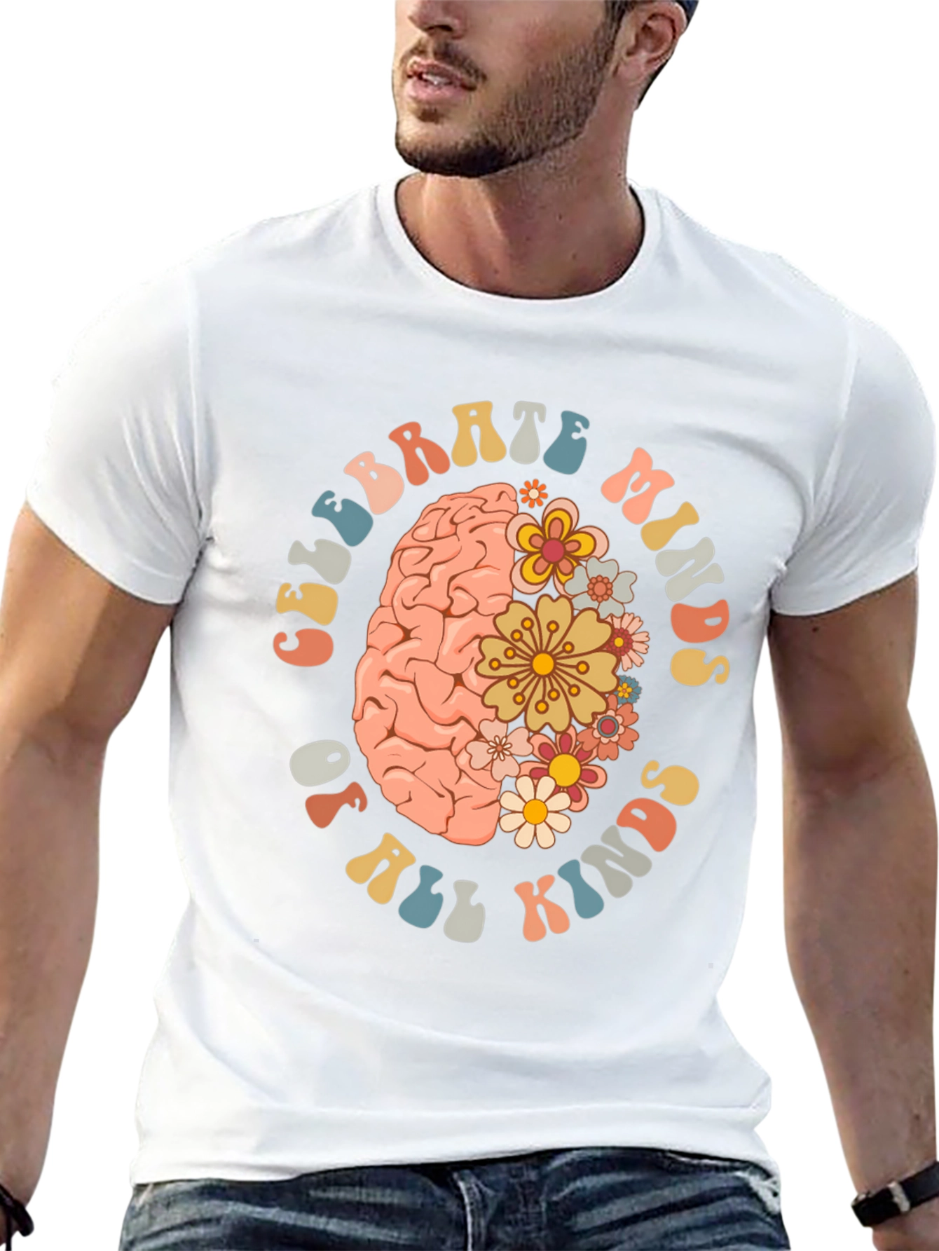 Black Celebrate Minds T-Shirt - Floral Brain Design view 13