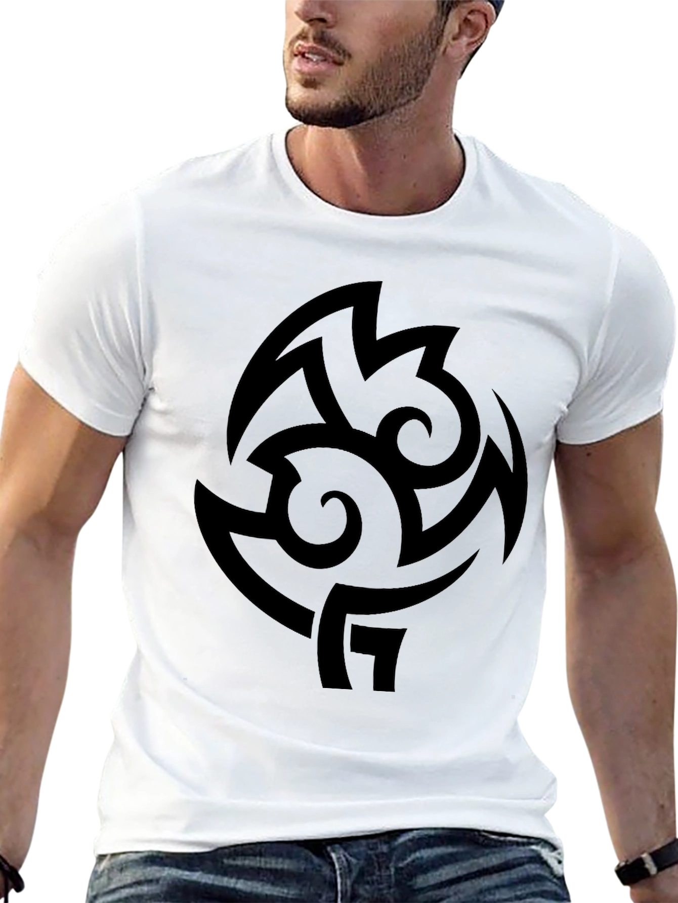 Black Men's Black Graphic Tee - Tribal Design Casual Top view 13