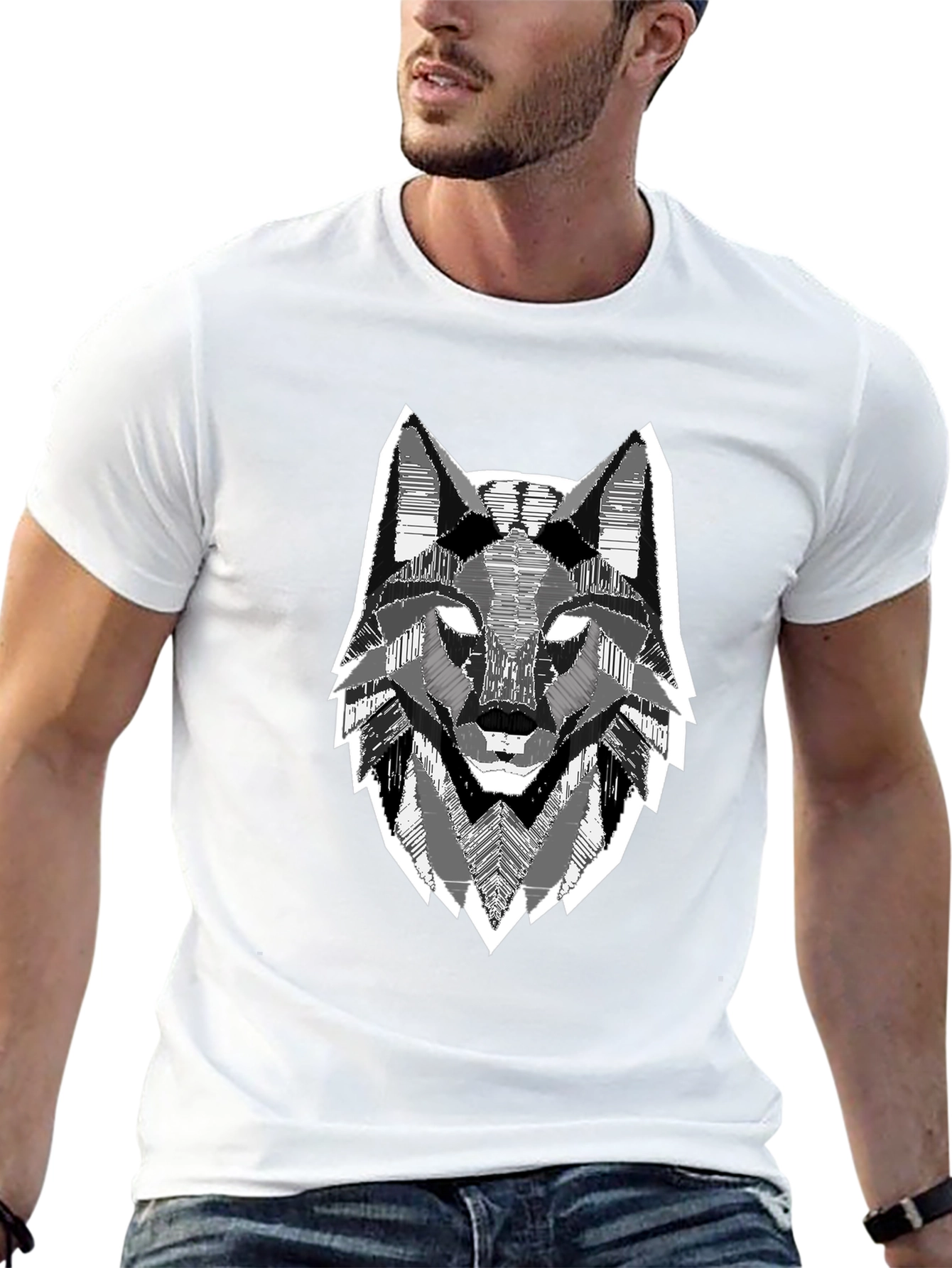 Black Geometric Wolf Head Graphic Print Black T-Shirt view 13