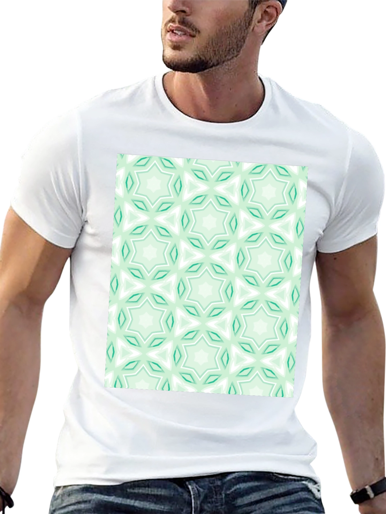Black Kaleidoscope Pattern T-Shirt - Mint Green & White view 13