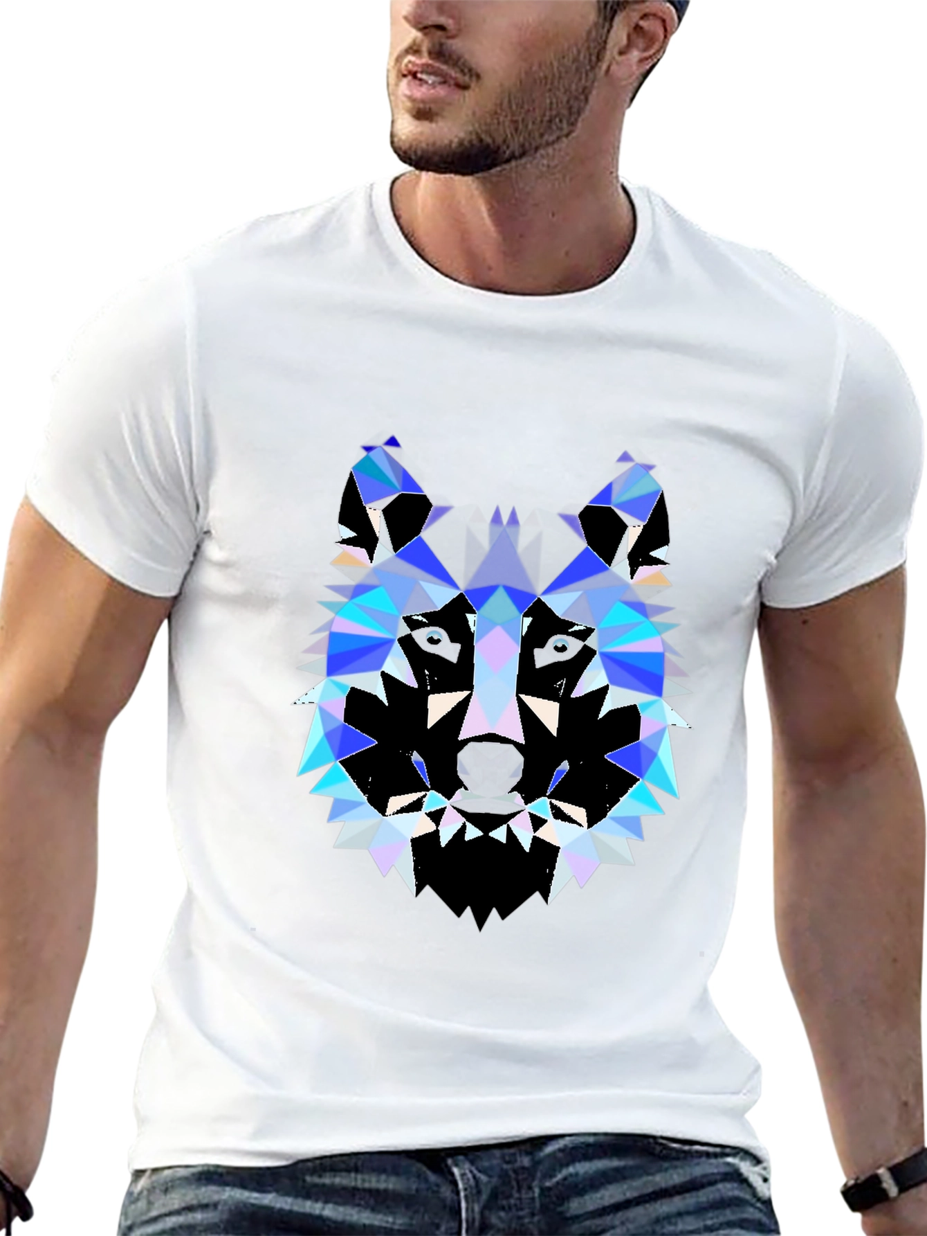 Black Geometric Wolf Print Black T-Shirt view 13