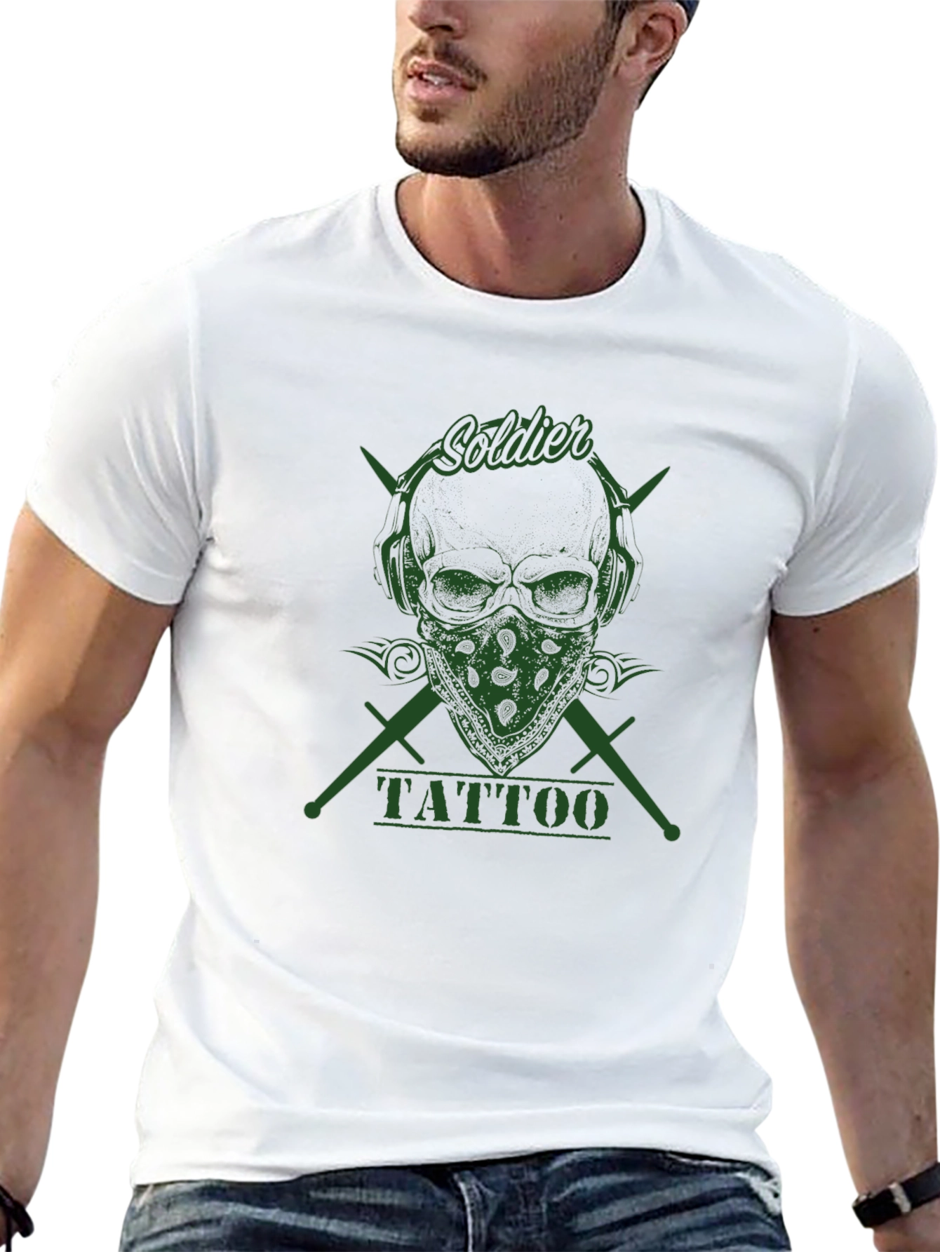 Black Skull Tattoo Graphic Tee - Soldier Design - Men's Black T-Shirt view 13