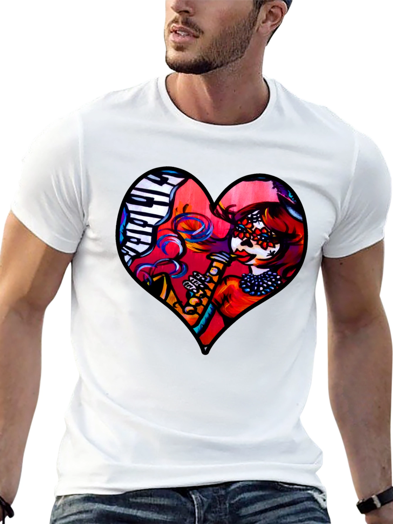 Black Heart Shaped Dia de Los Muertos T-Shirt view 13