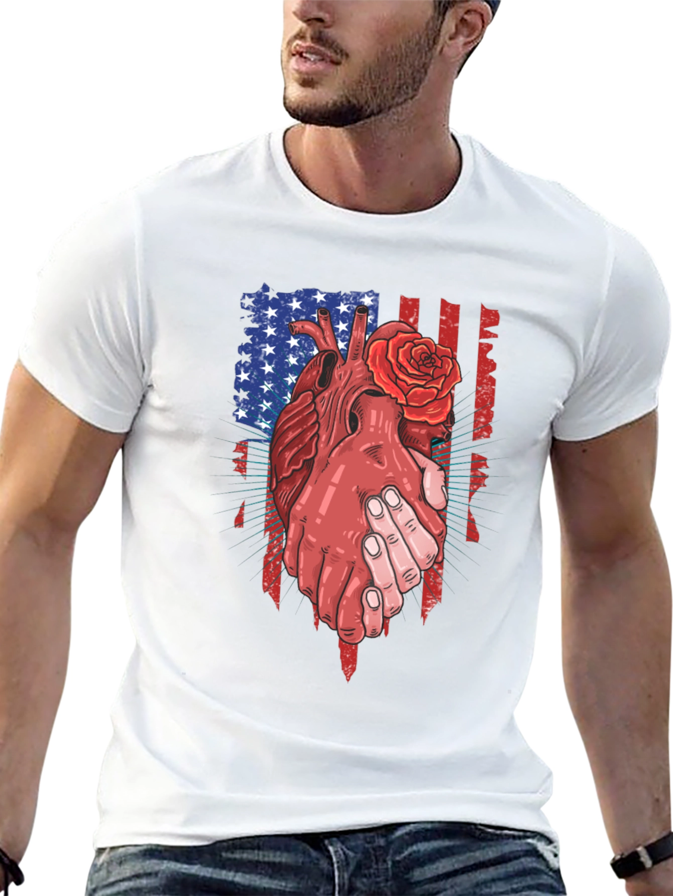 Black Patriotic Heart & Rose Graphic T-Shirt view 13