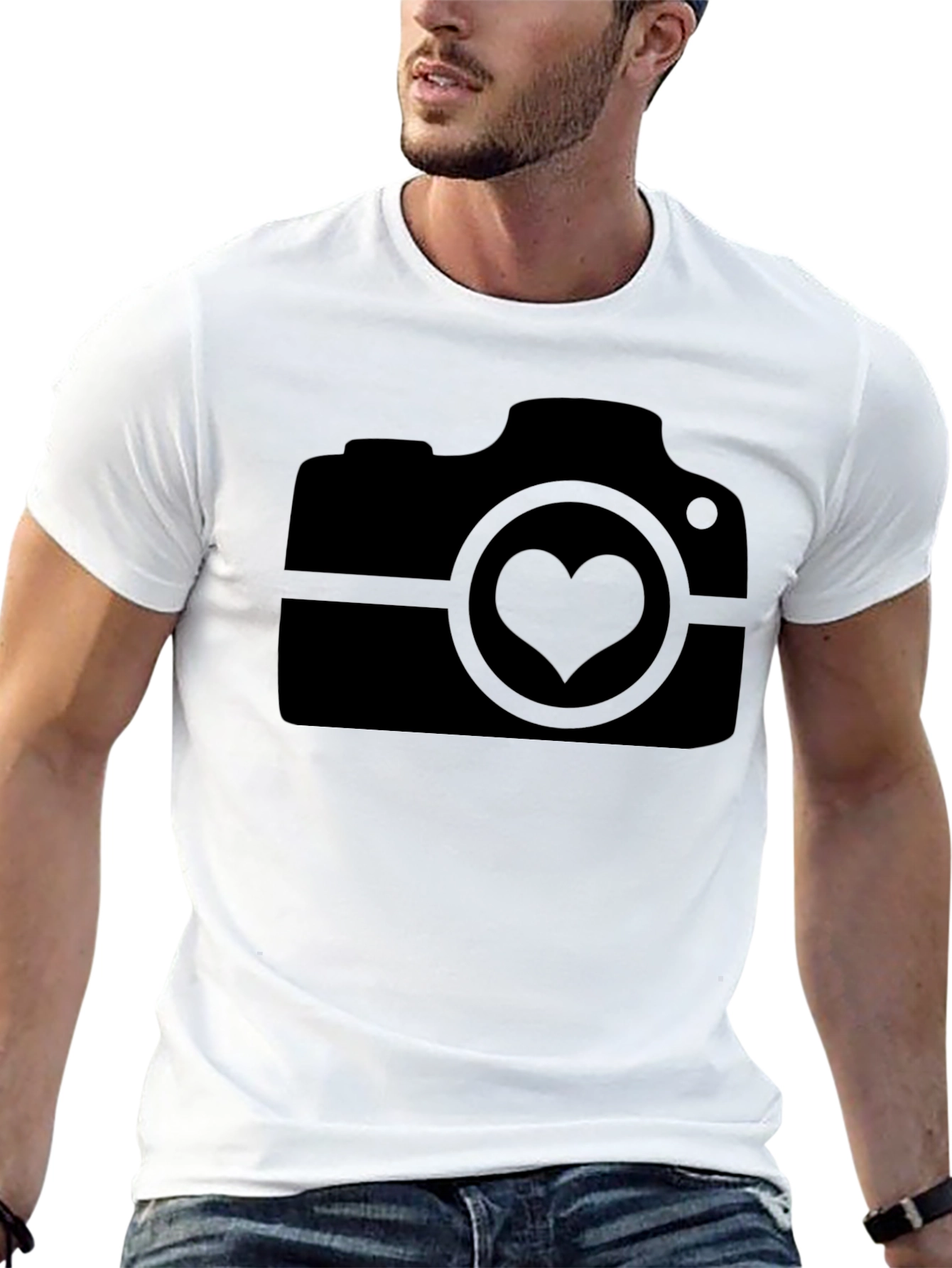 Black Heart Camera Graphic Tee - Black Crew Neck Cotton T-Shirt view 13