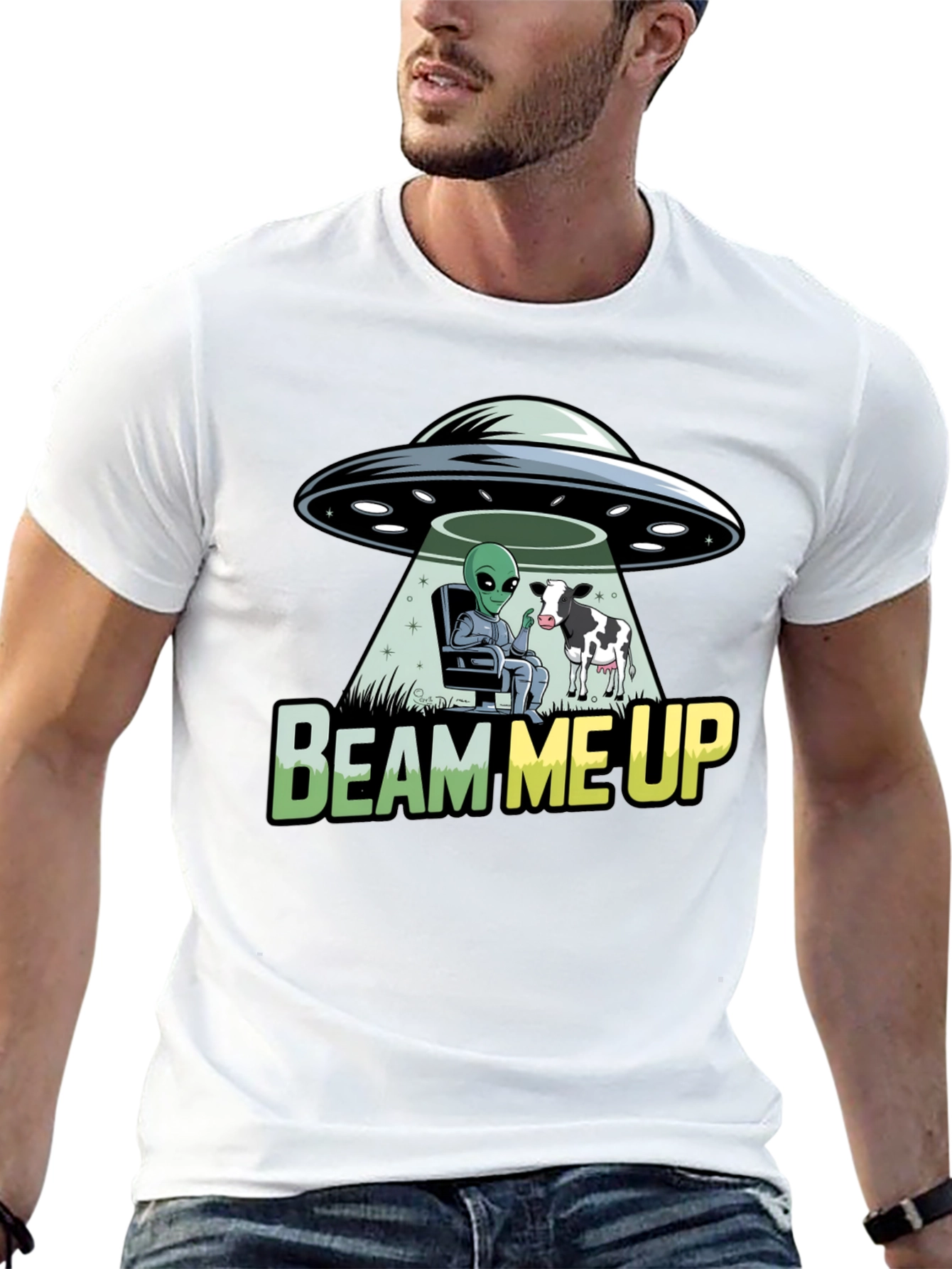 Black Beam Me Up Alien and Cow Graphic T-Shirt view 13