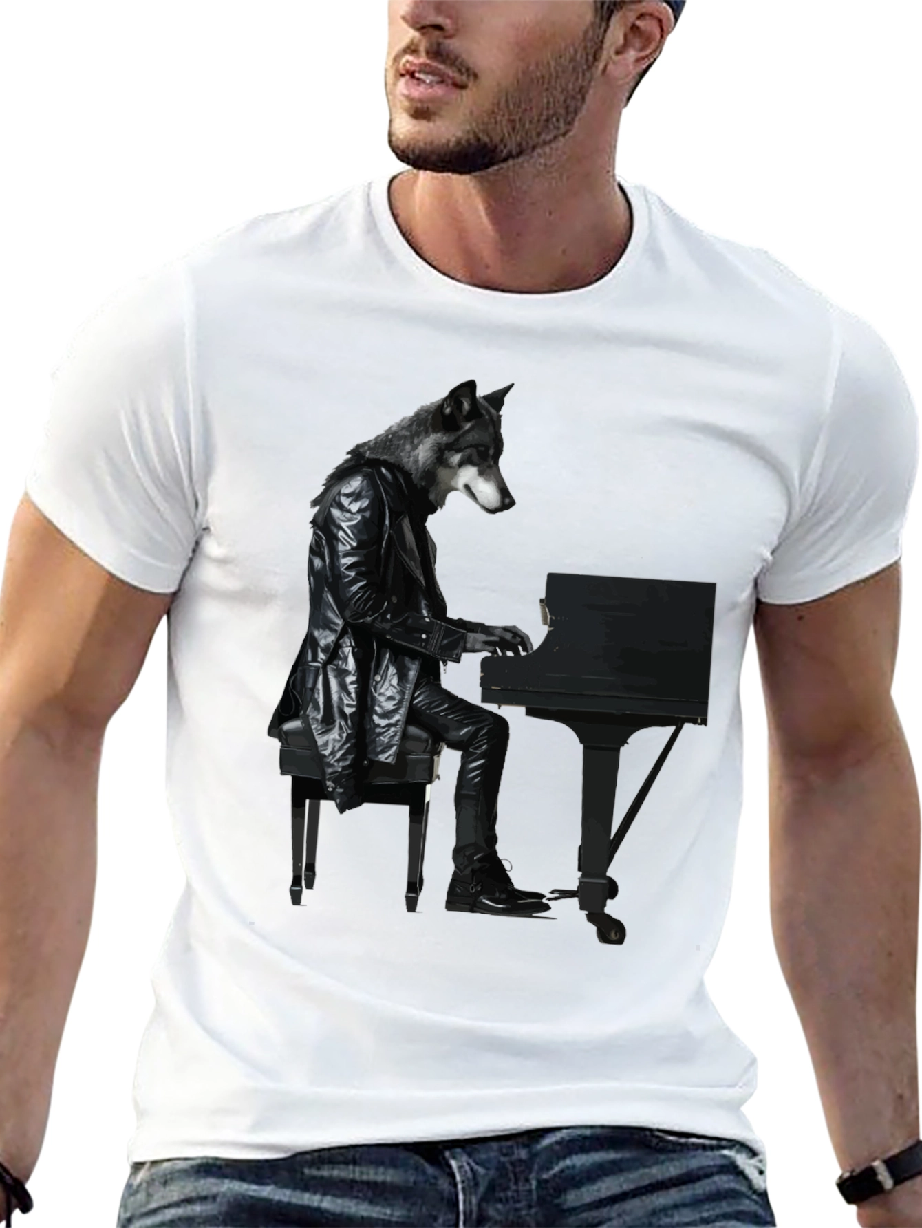 Black Wolf Pianist Graphic Tee - Unique Animal Design view 13