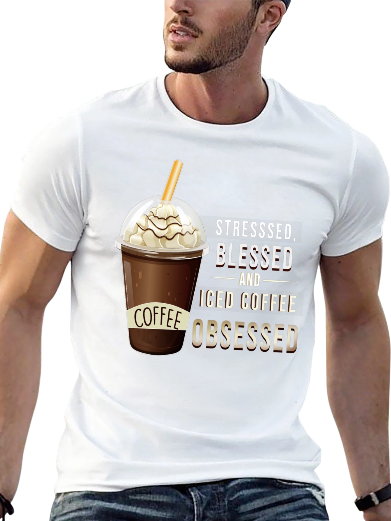 Black Stressed, Blessed, and Iced Coffee Obsessed T-Shirt view 13