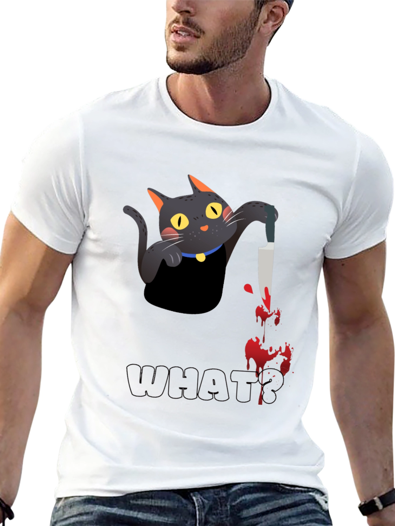 Black Cat With Knife Black T-Shirt - What? view 13