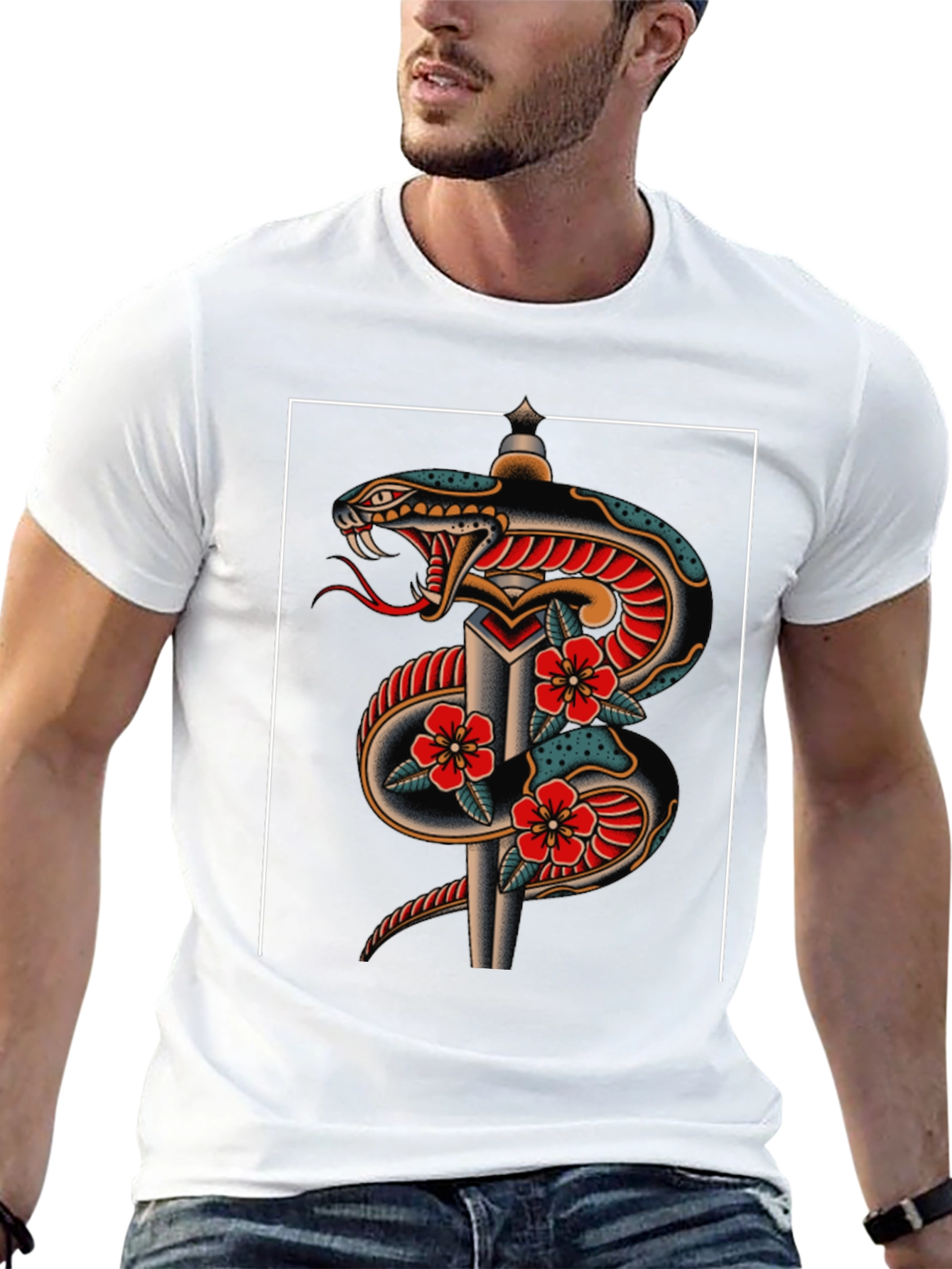 Black Snake & Dagger Graphic Tee - Classic Tattoo Style view 13