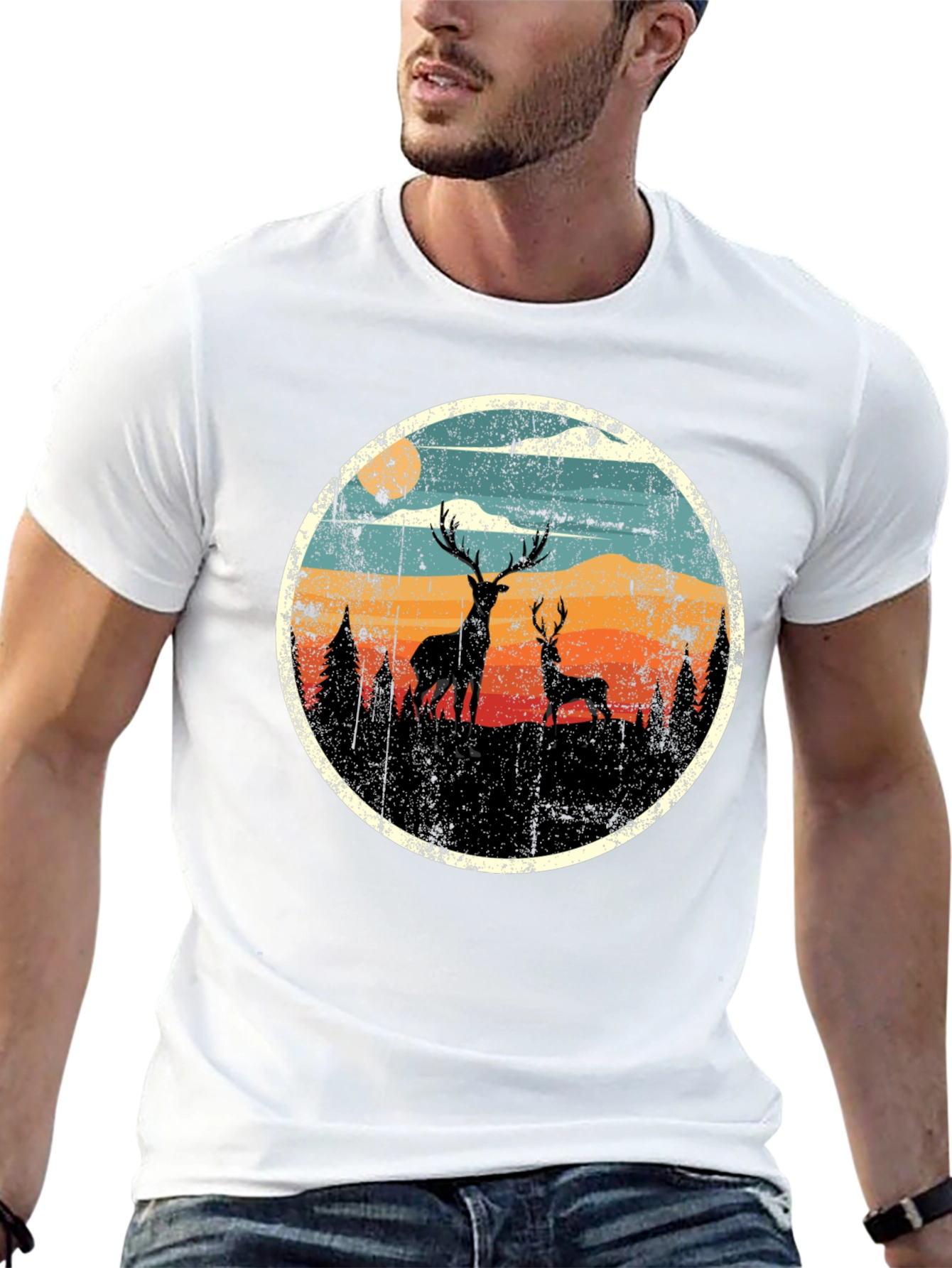 Black Deer Silhouette Graphic Print Black T-Shirt view 13