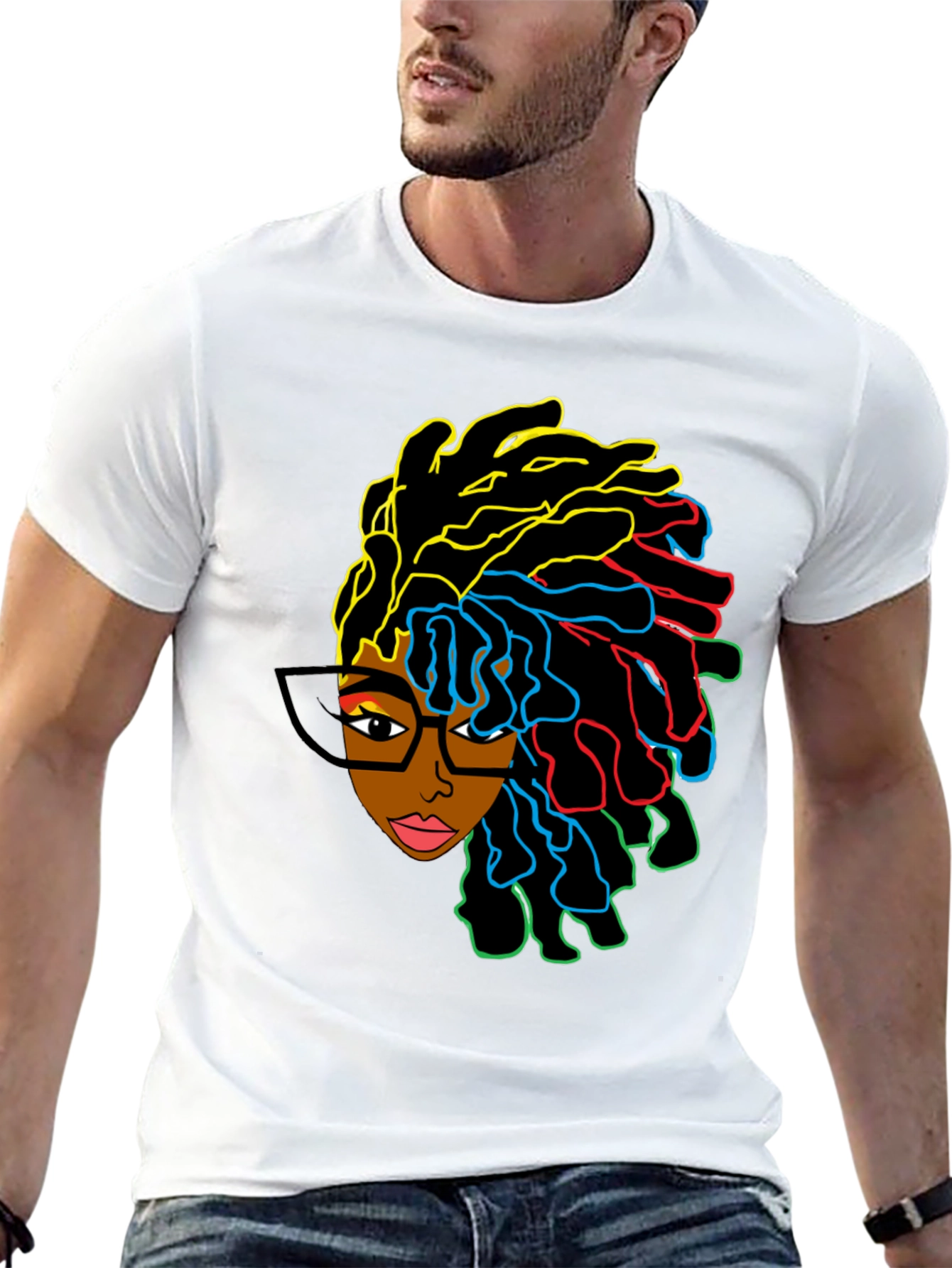 Black Stylish Graphic Tee - Afro Woman with Colorful Dreadlocks view 13