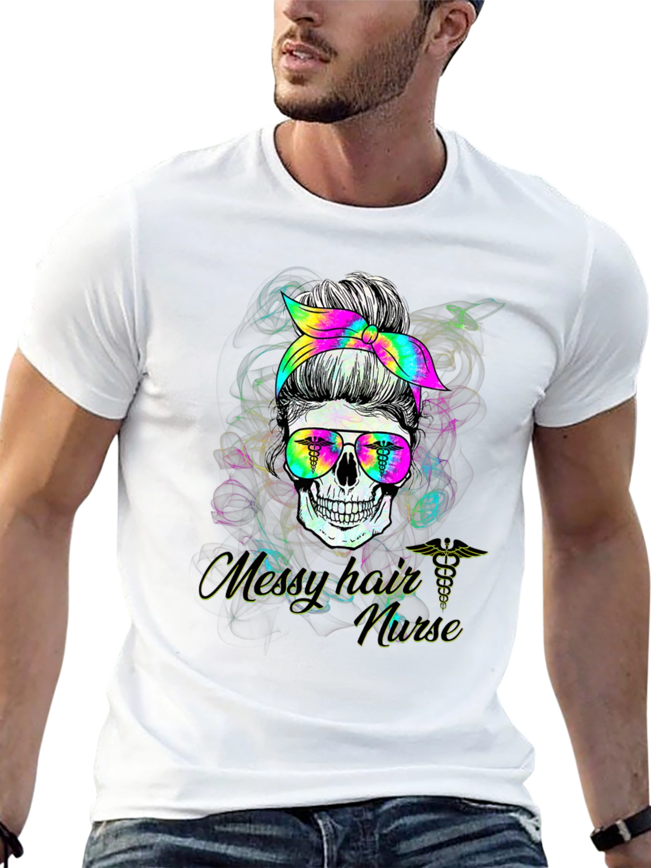 Black Messy Hair Nurse Skull T-Shirt view 13