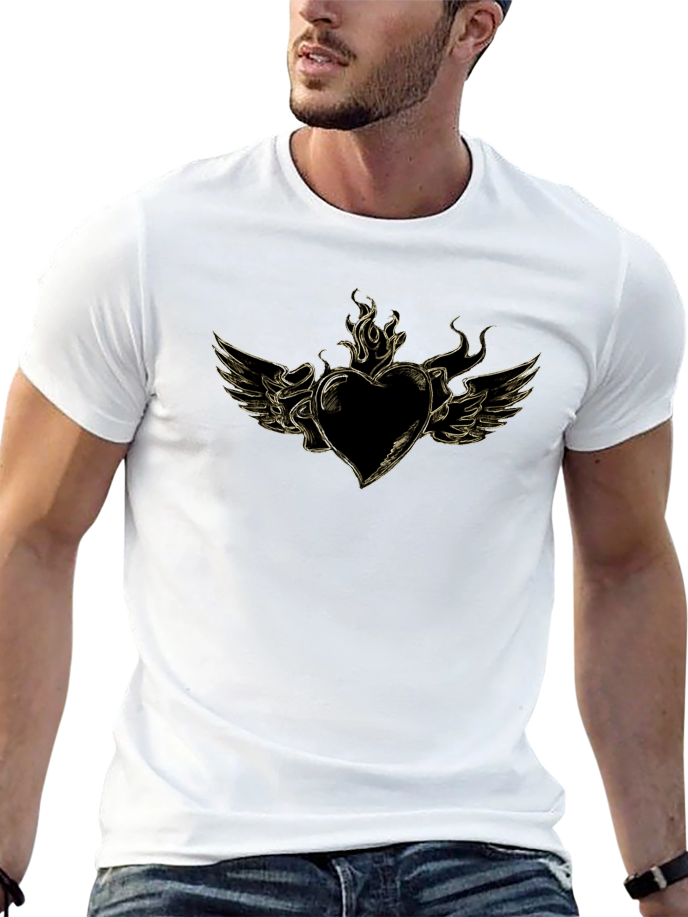 Black Men's Black T-Shirt with Heart and Wings Graphic view 13