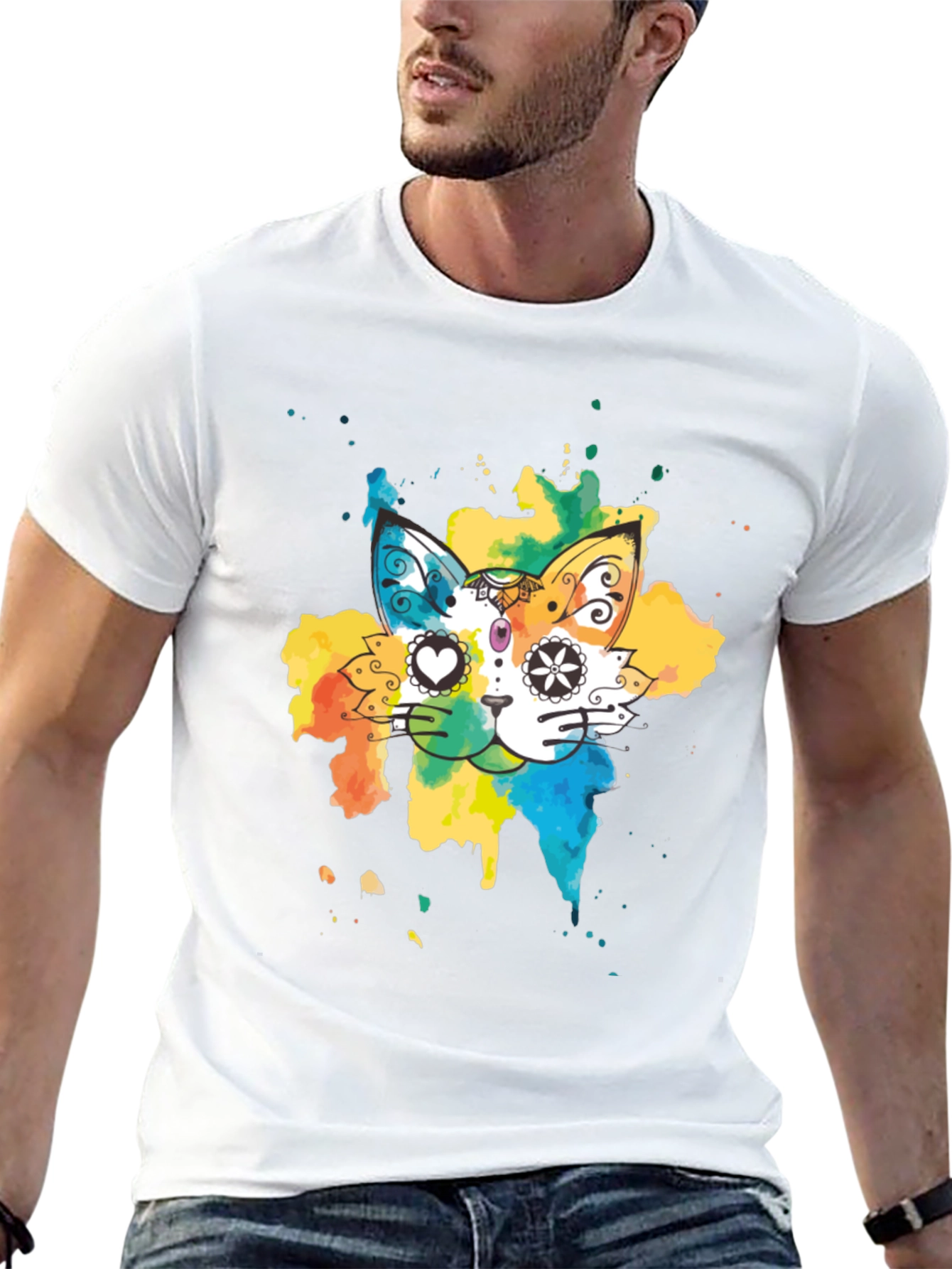 Black Colorful Cat T-Shirt - Whimsical Design Tee view 13