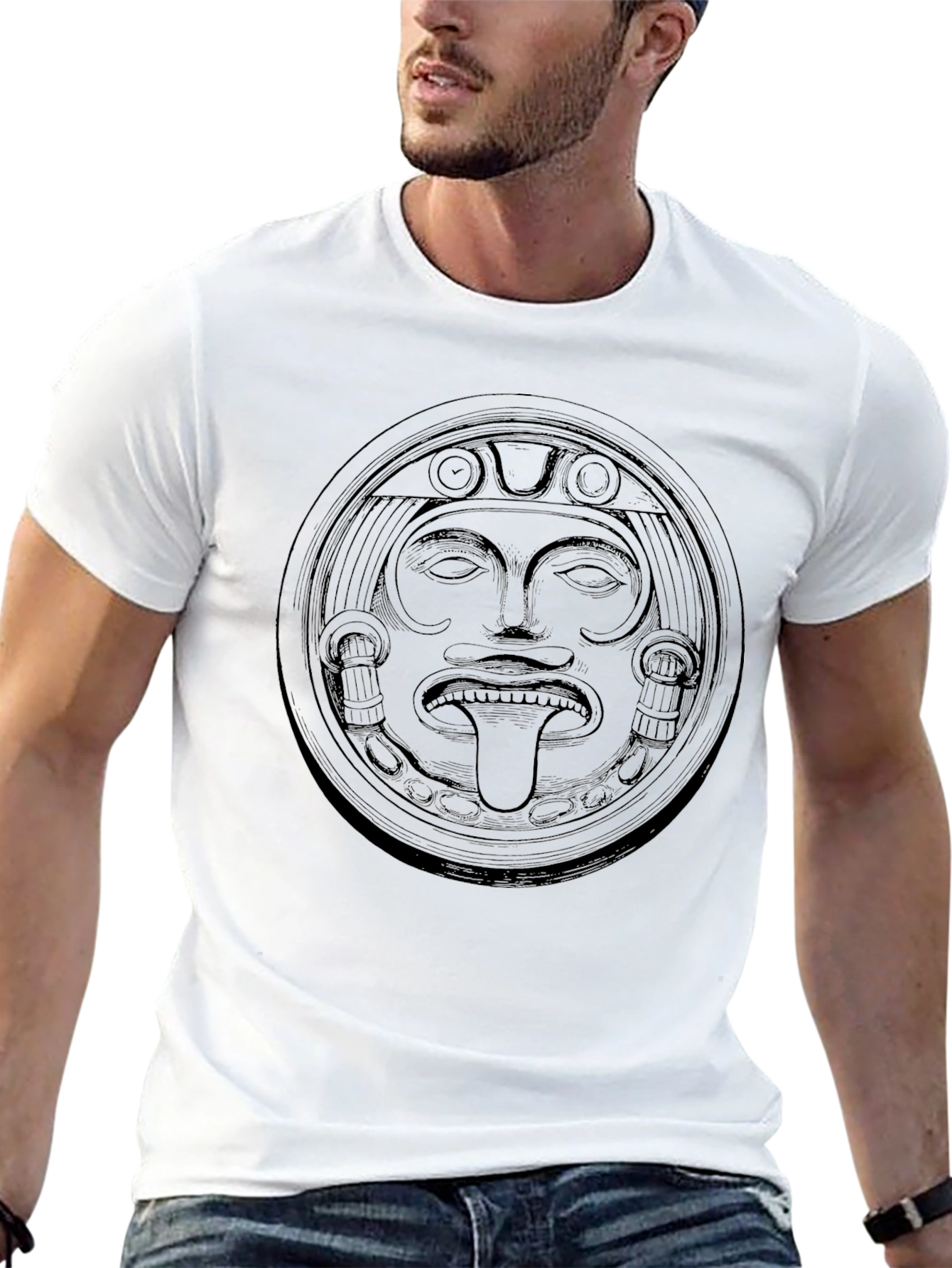 Black Aztec Sun God Graphic Tee - Black Cotton T-Shirt view 13