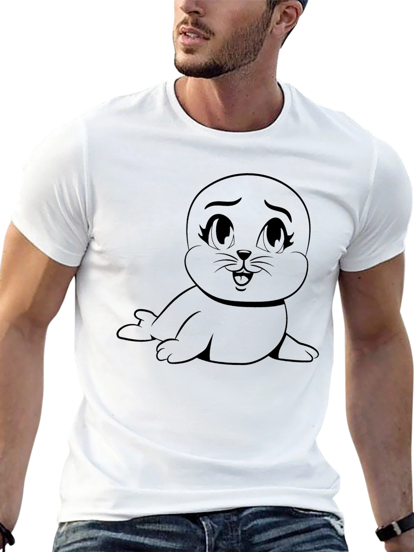 Black Cute Seal Cartoon Black T-Shirt view 13