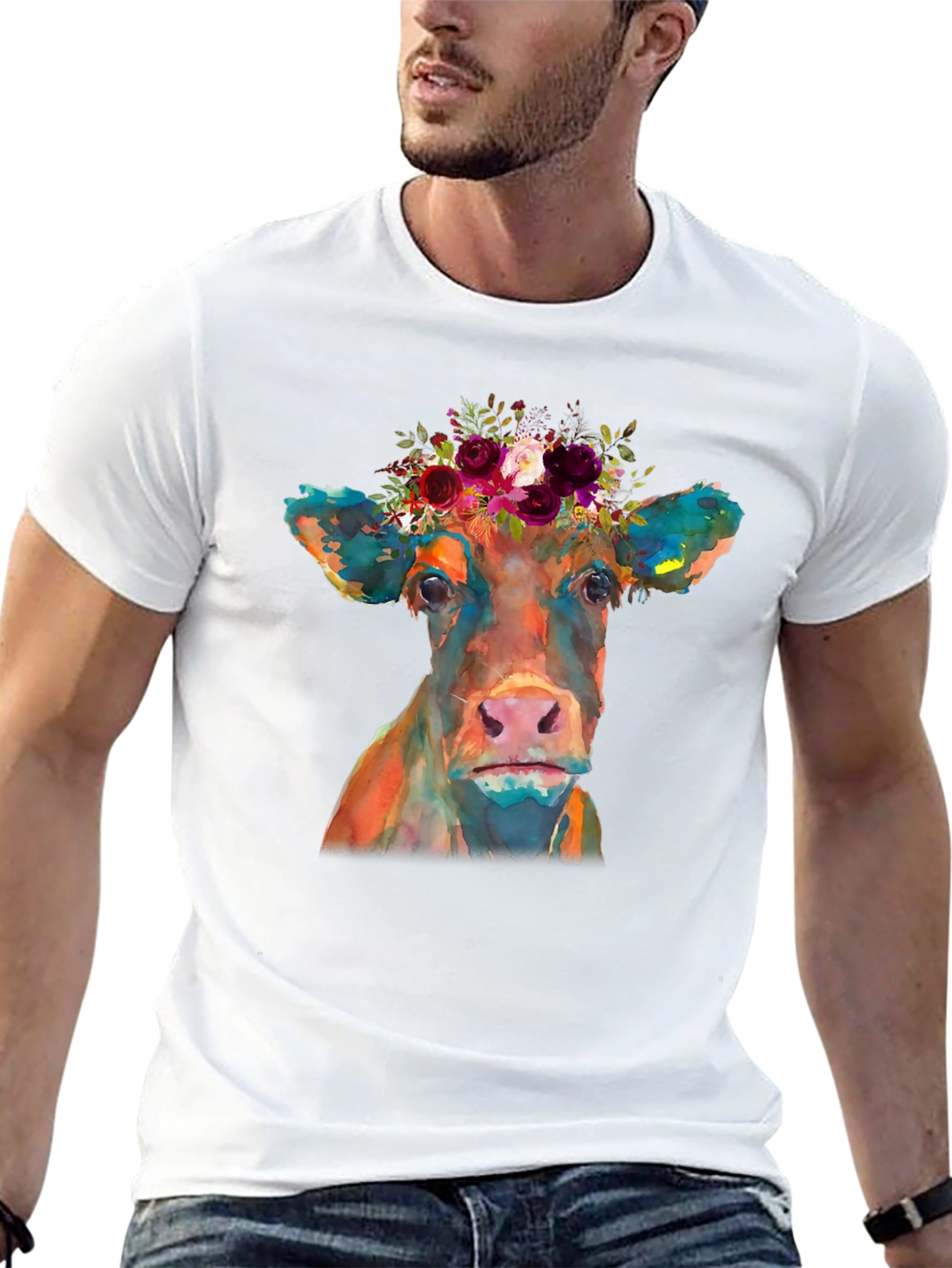 Black Floral Crown Cow Graphic Tee - Black Casual T-Shirt view 13