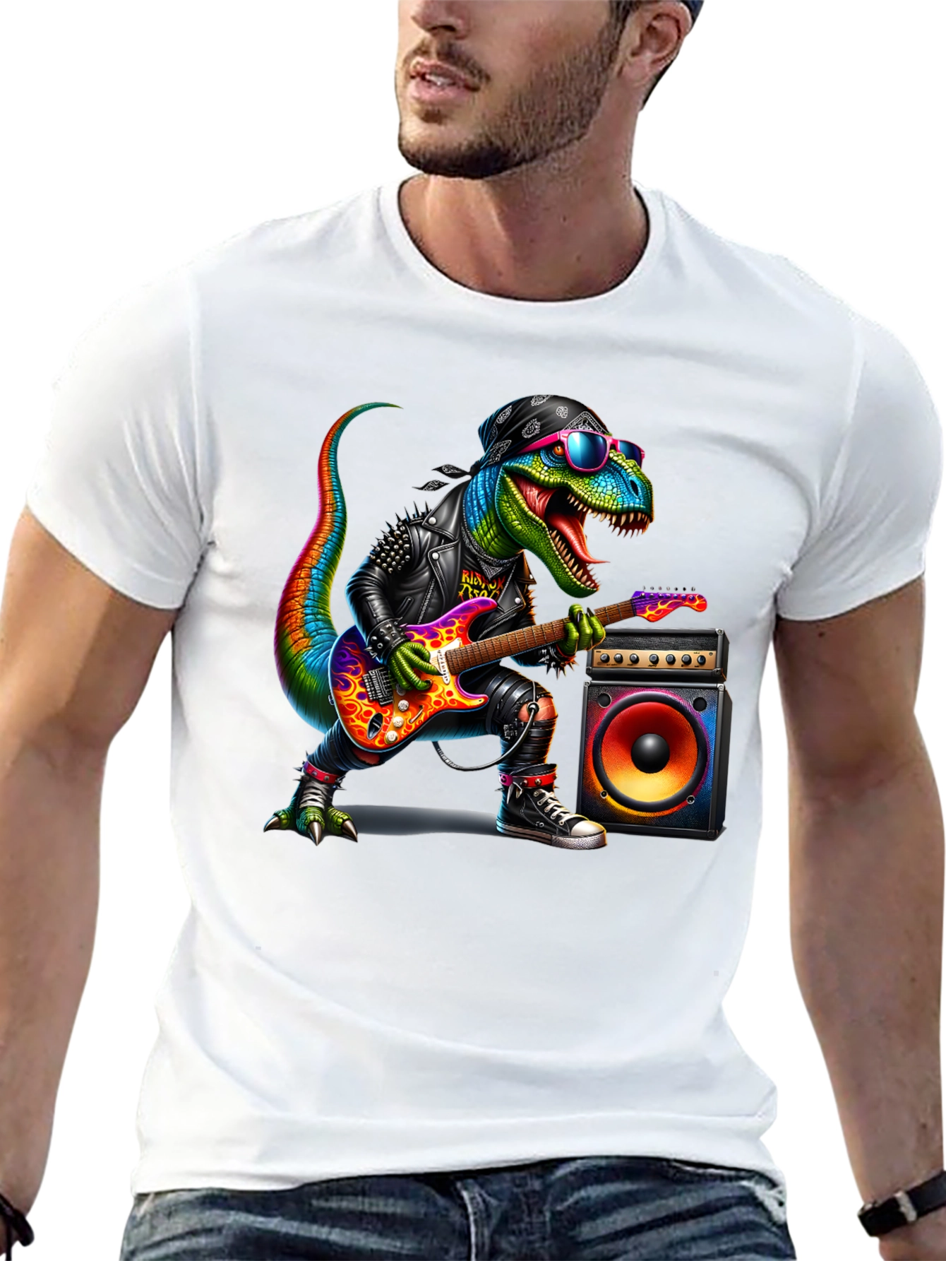 Black Rockin' Rex T-Shirt - Dinosaur Guitarist view 13