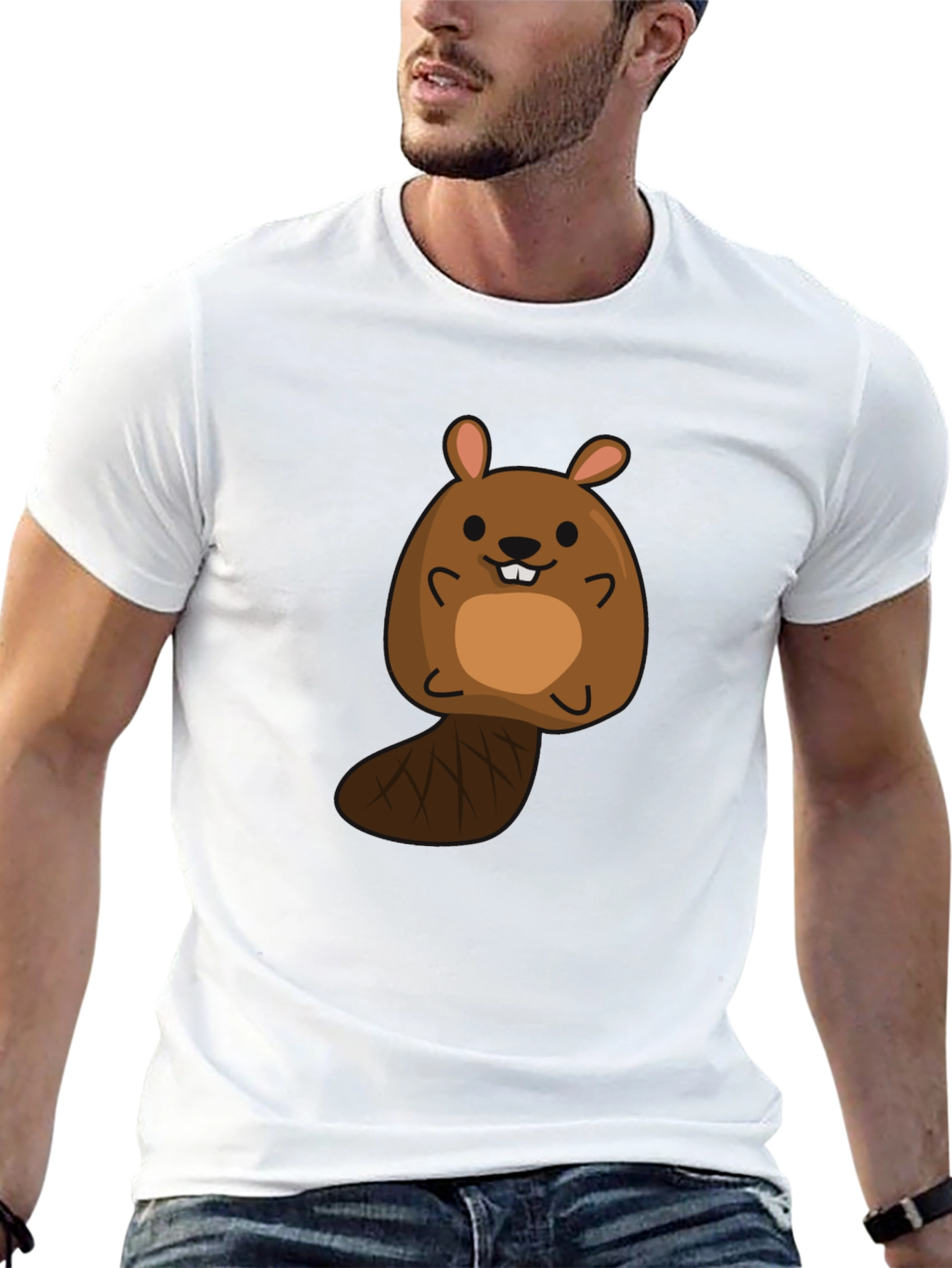 Black Cute Beaver Cartoon Black T-Shirt view 13