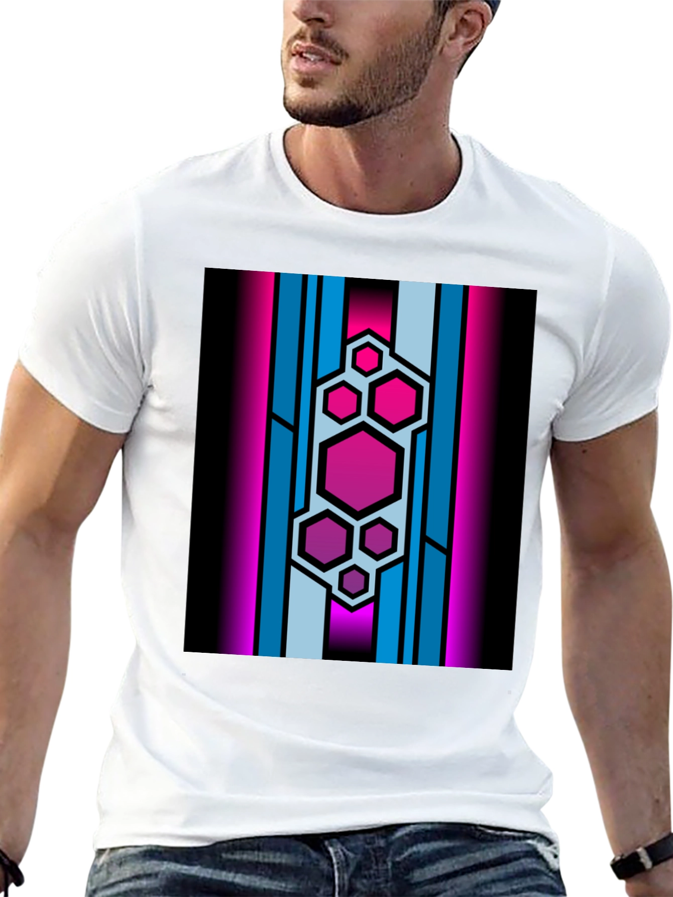 Black Hexagon Stripe Graphic Black T-Shirt view 13