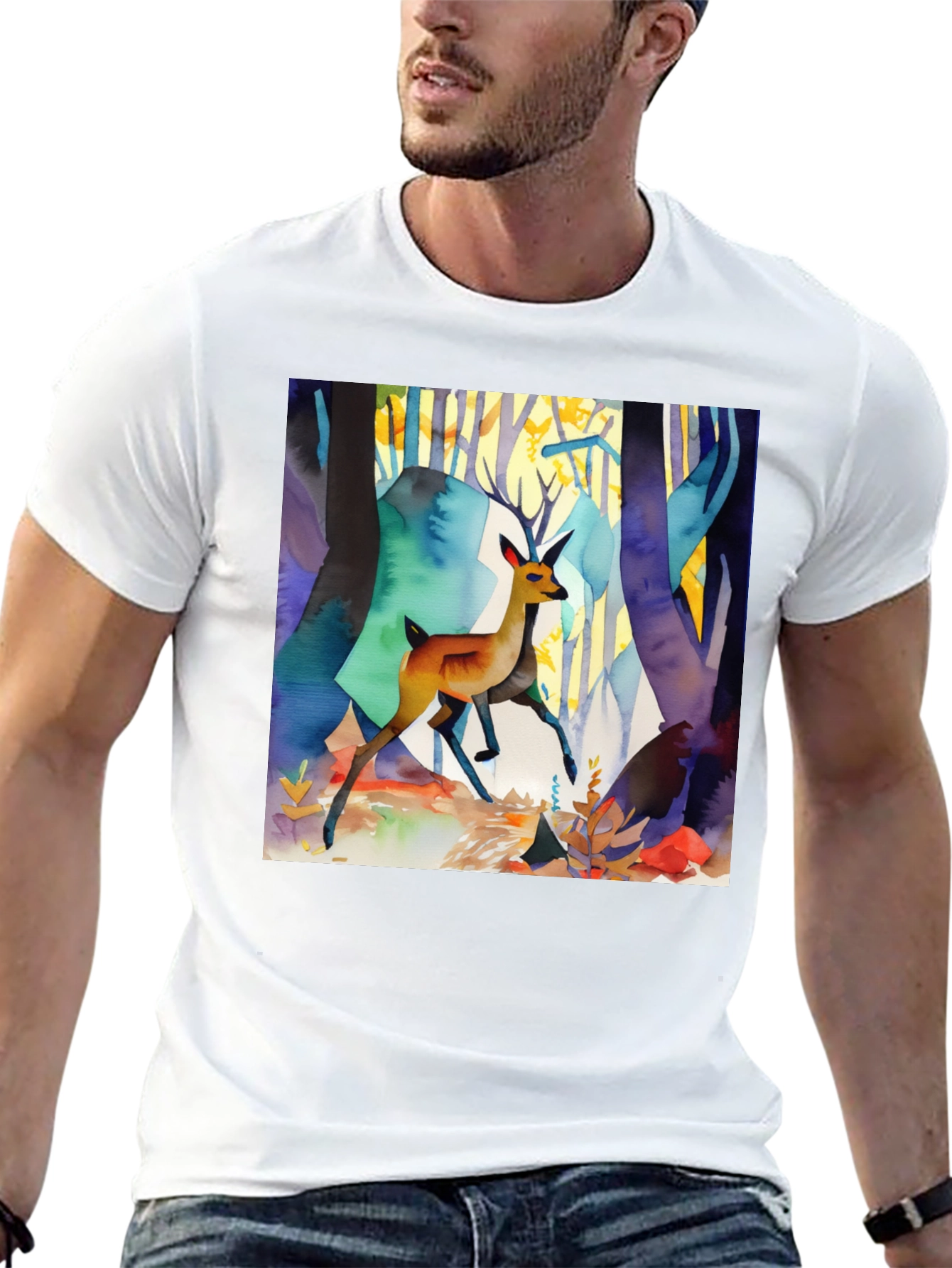 Black Watercolor Deer Forest Print Black T-Shirt view 13