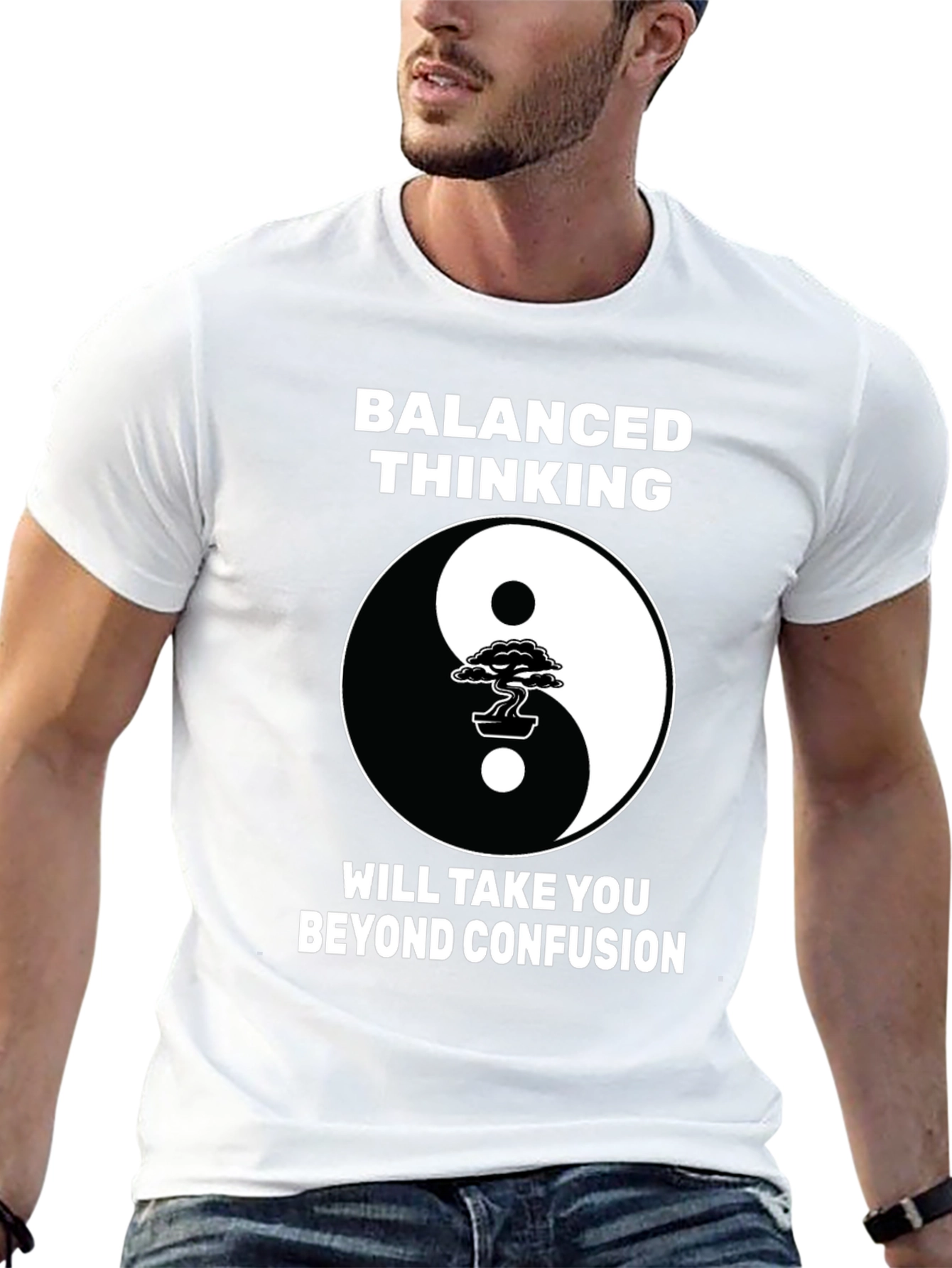 Black Balanced Thinking Yin Yang Bonsai Tree Graphic T-Shirt view 13