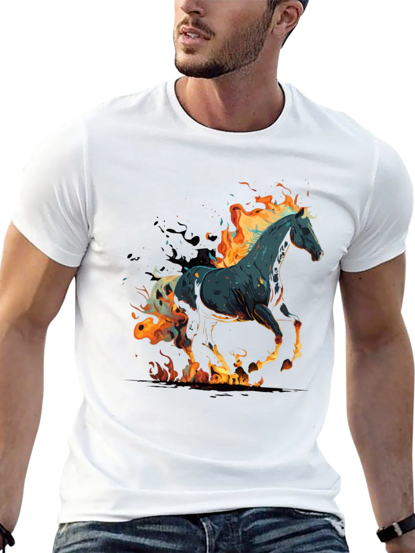 Flaming Horse Graphic Tee - Black Cotton Blend - 13