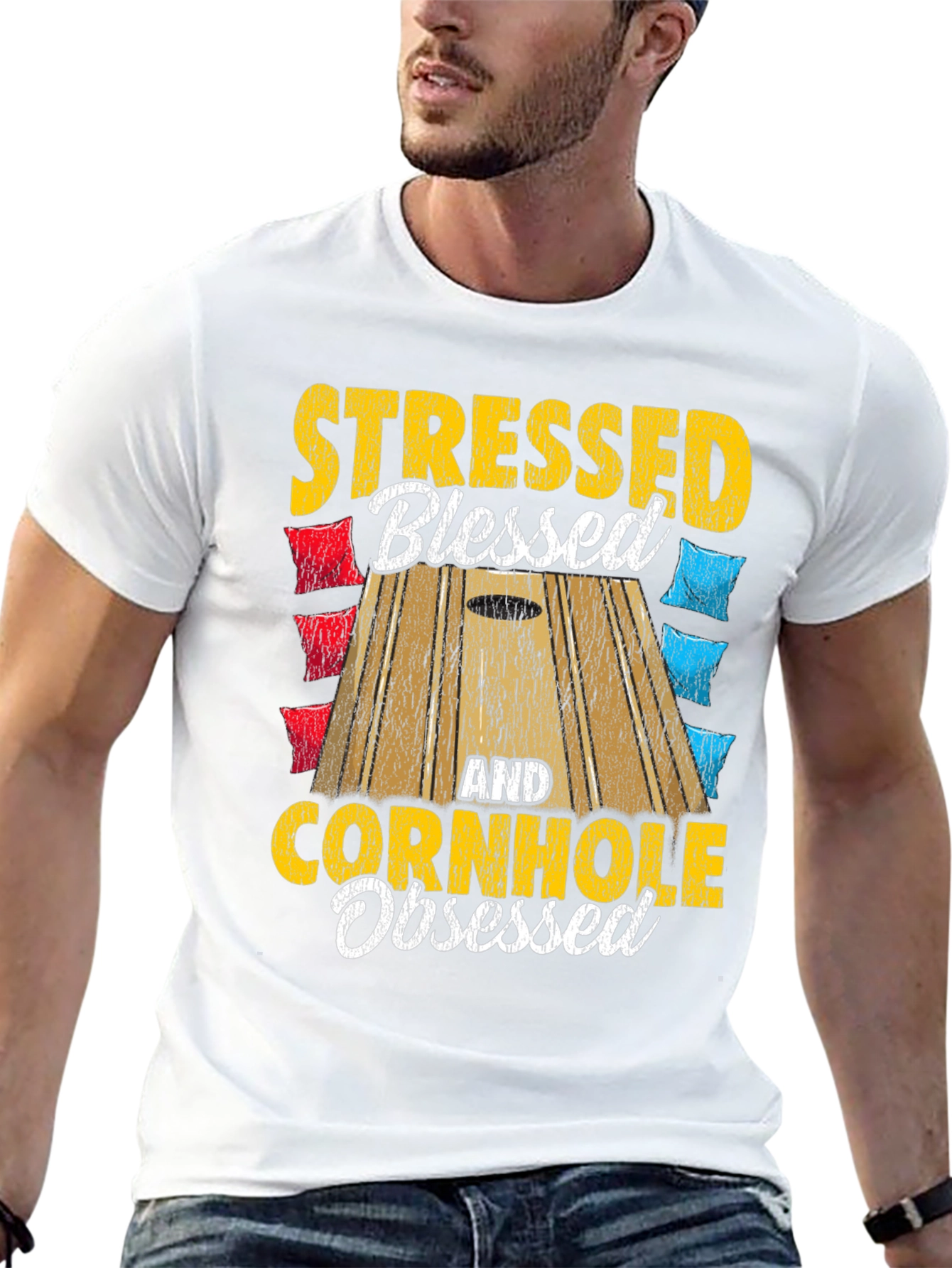 Black Stressed Blessed Cornhole Obsessed Graphic Tee view 13