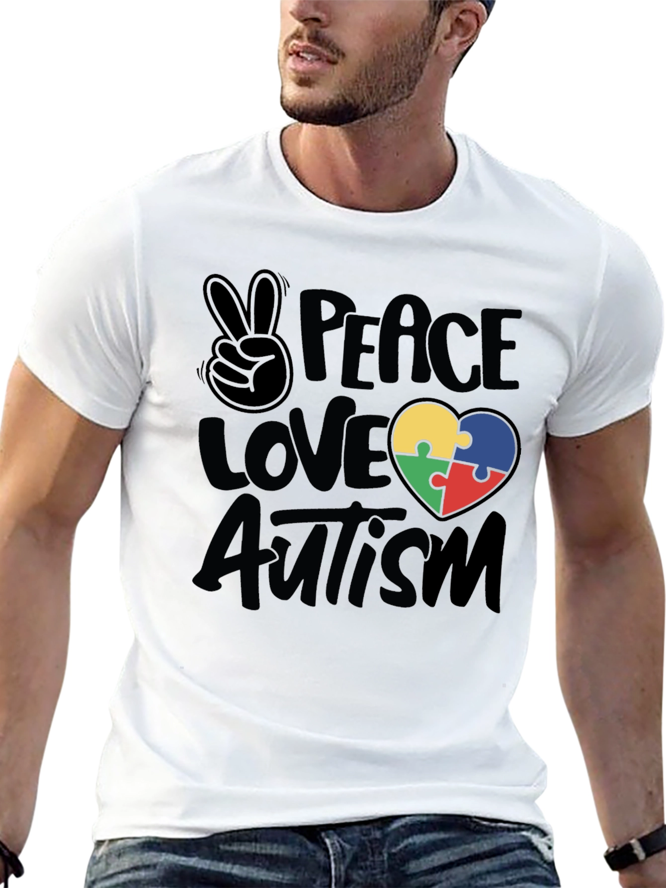Black Peace Love Autism Puzzle Heart T-Shirt view 13