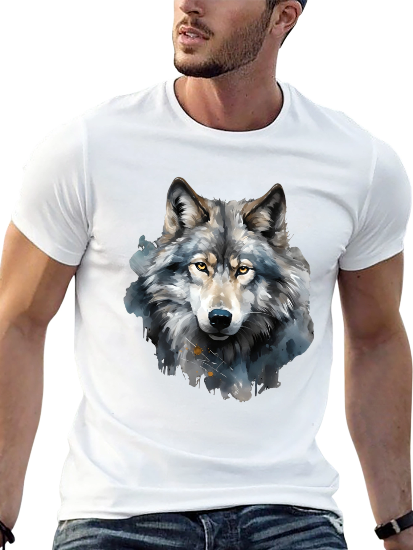Black Watercolor Wolf Graphic Tee - Men's Black T-Shirt view 13