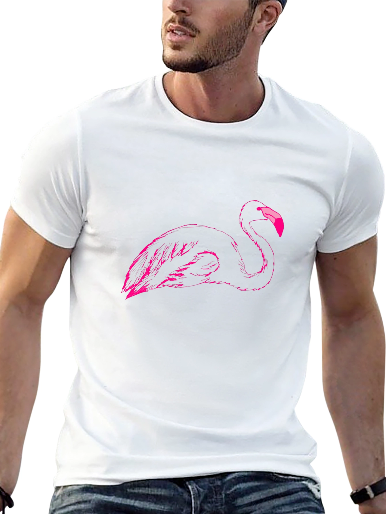 Black Men's Black T-Shirt with Pink Flamingo Graphic view 13