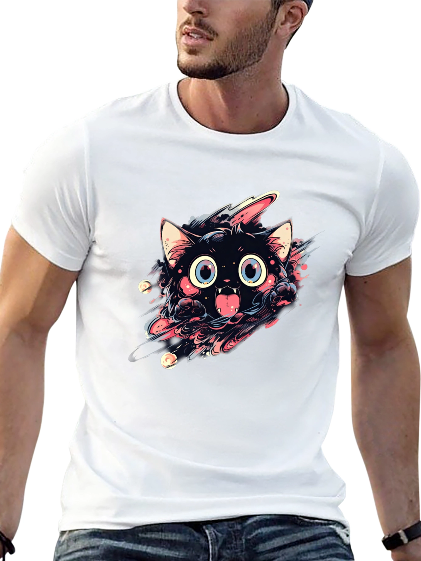 Black Cartoon Cat Graphic Black T-Shirt view 13