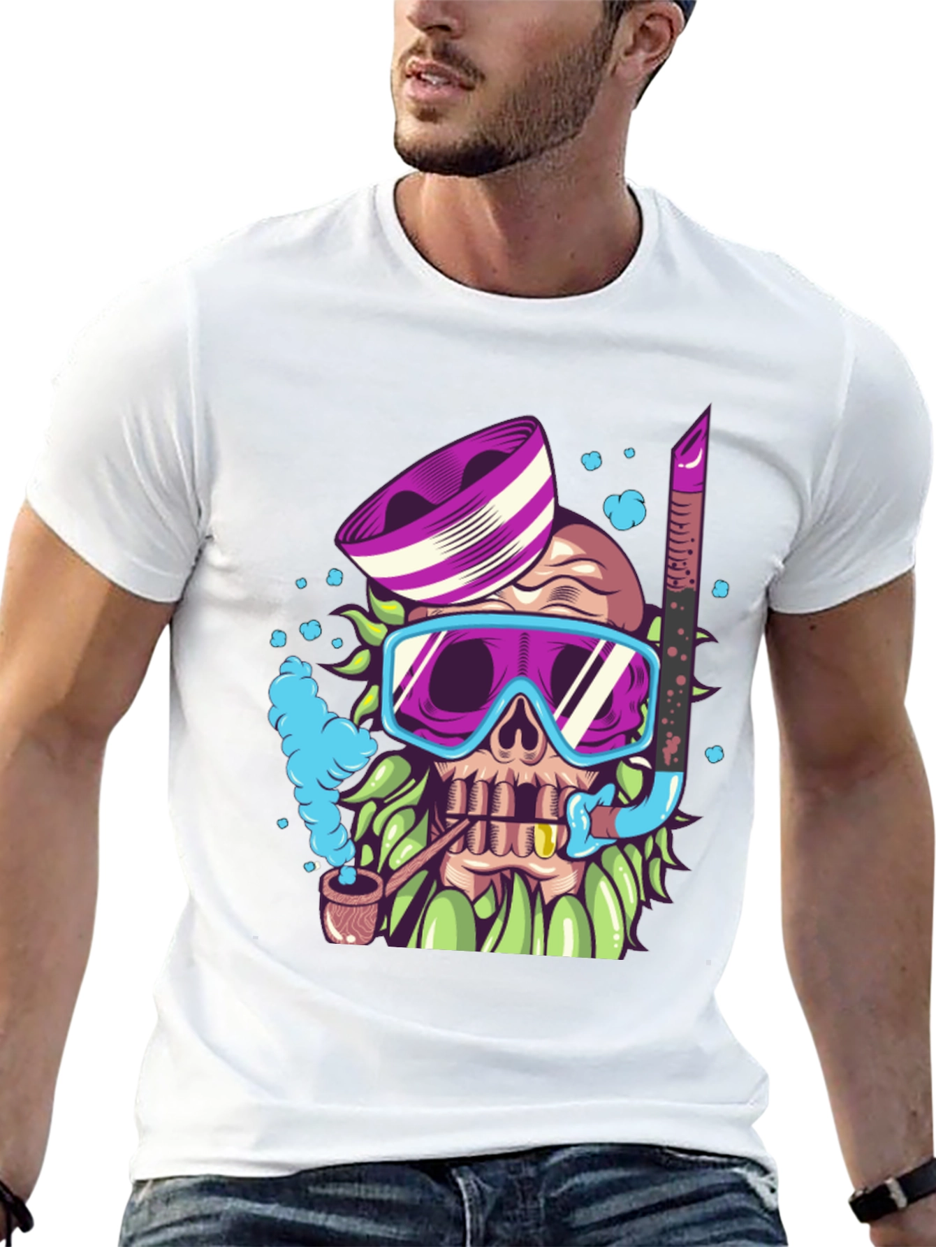 Black Diver Skull Graphic Tee - Black Cotton T-Shirt view 13