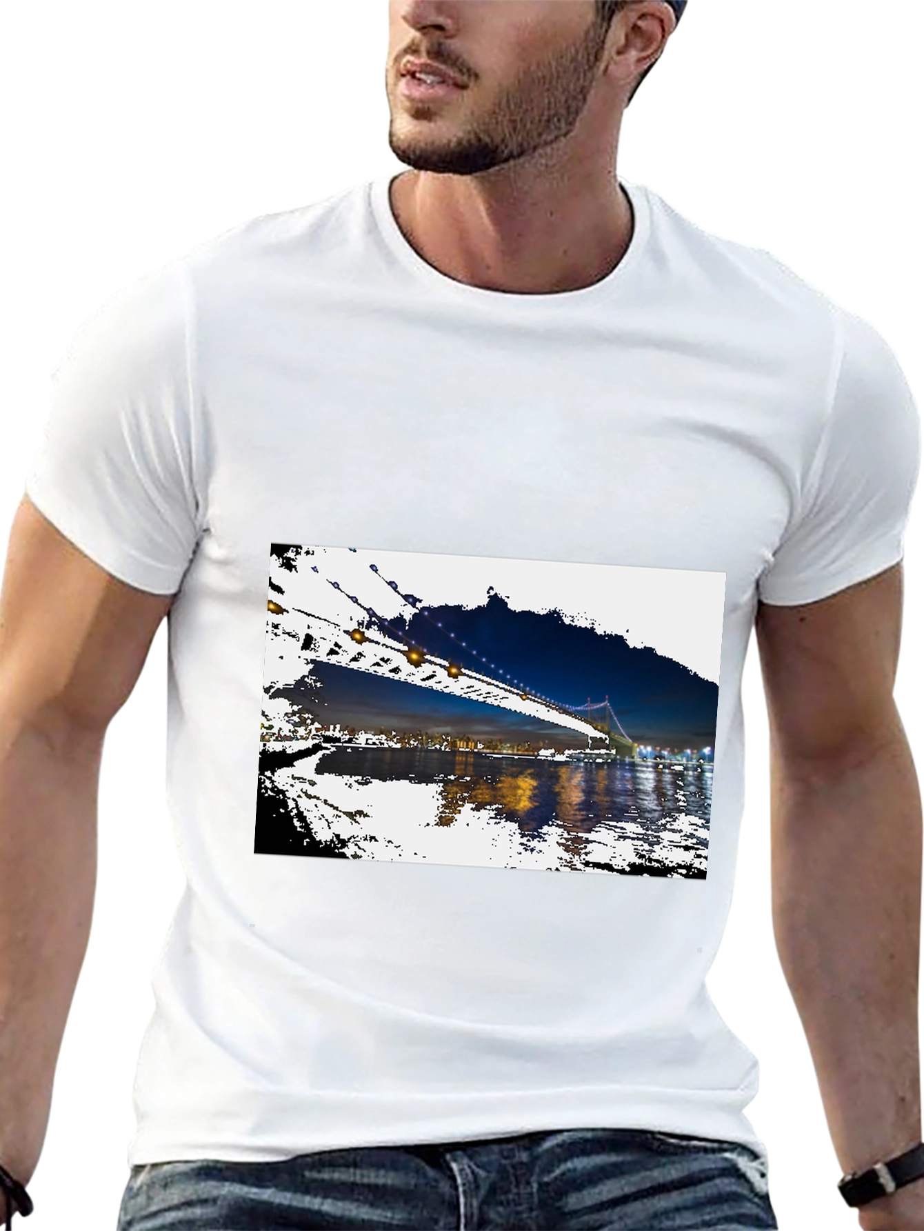 Black Night Bridge Print Black T-Shirt view 13